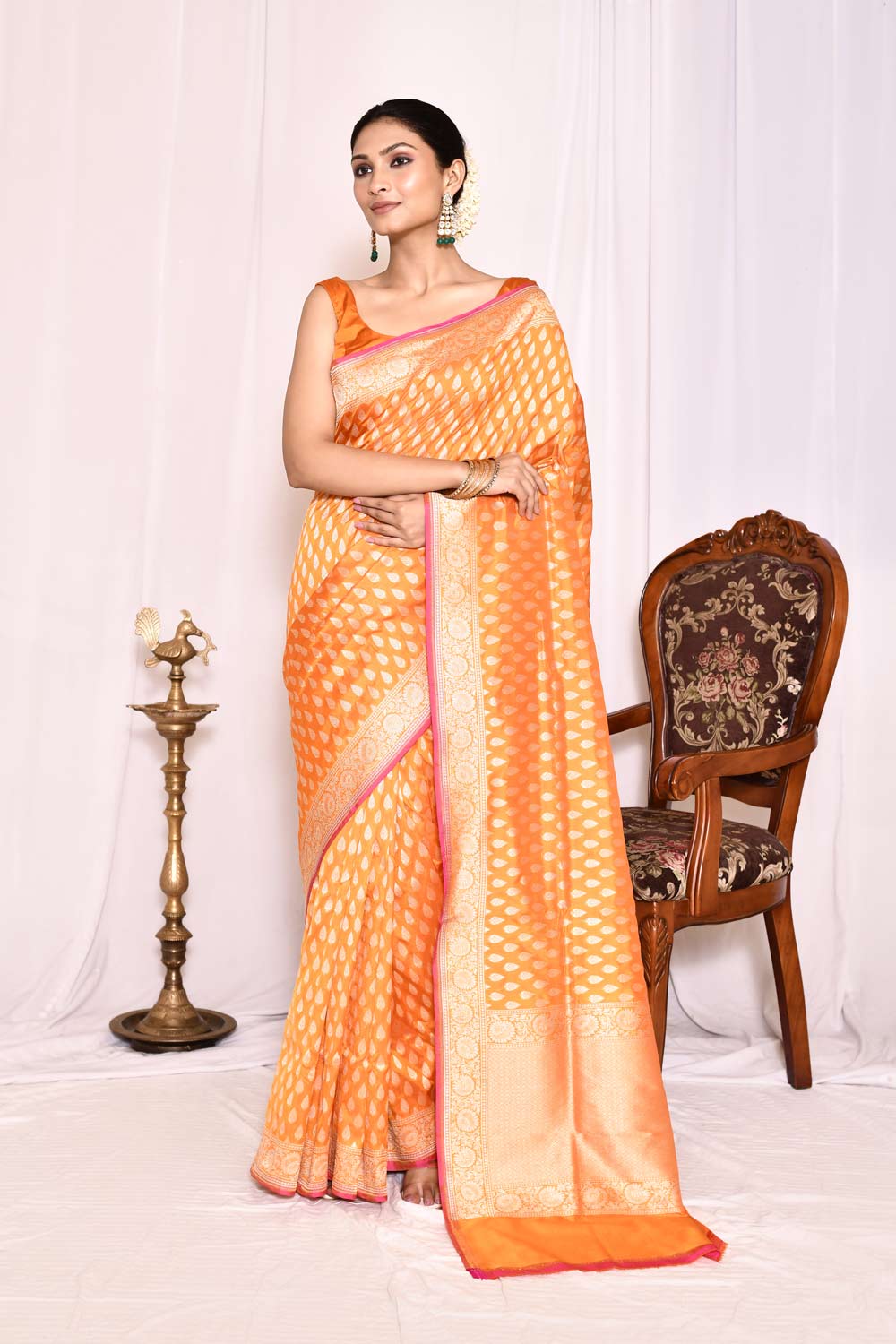 Orange Pure Katan Silk Banarasi Handloom Saree Orange Pure Katan Silk Banarasi Handloom Saree