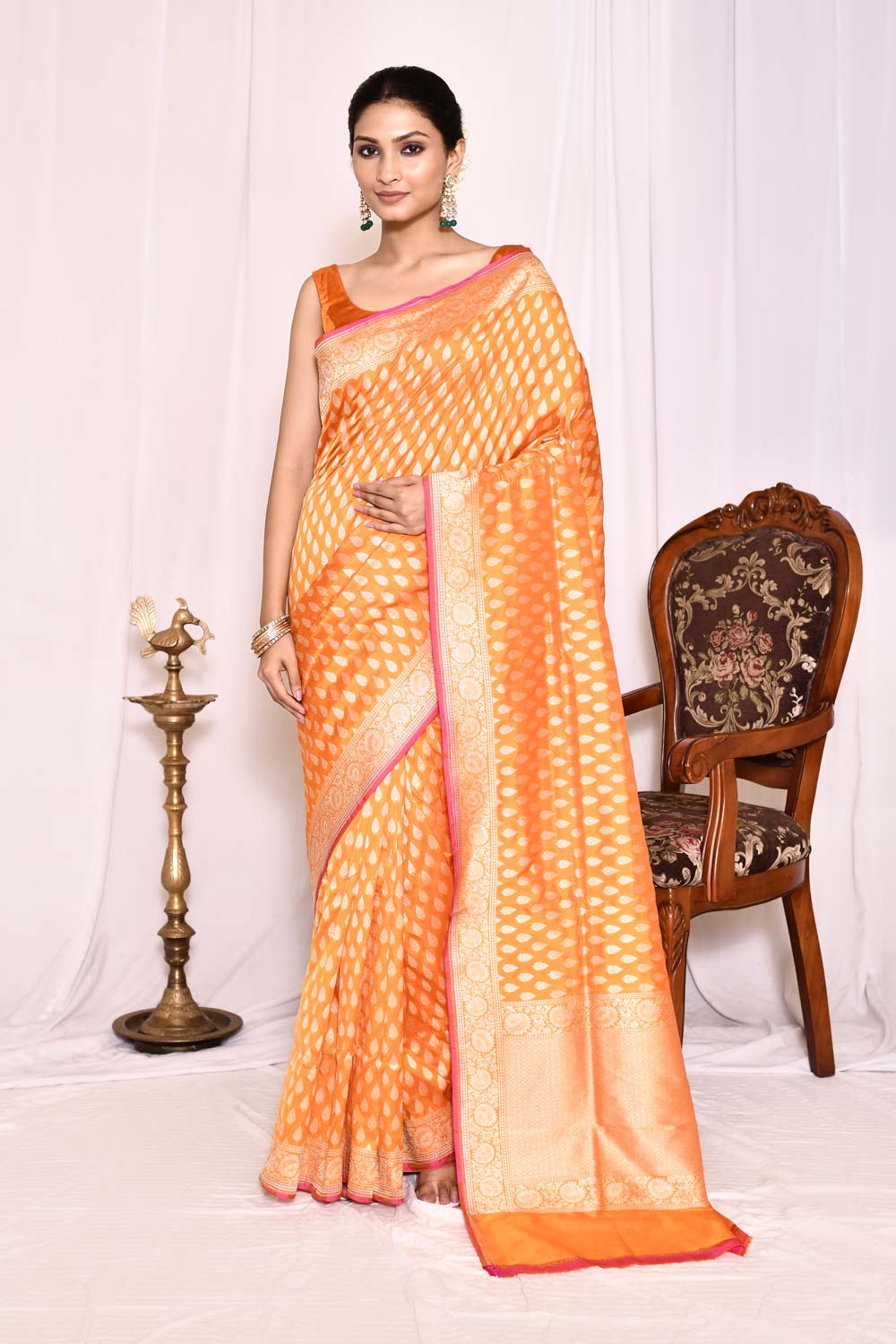 Orange Pure Katan Silk Banarasi Handloom Saree Orange Pure Katan Silk Banarasi Handloom Saree