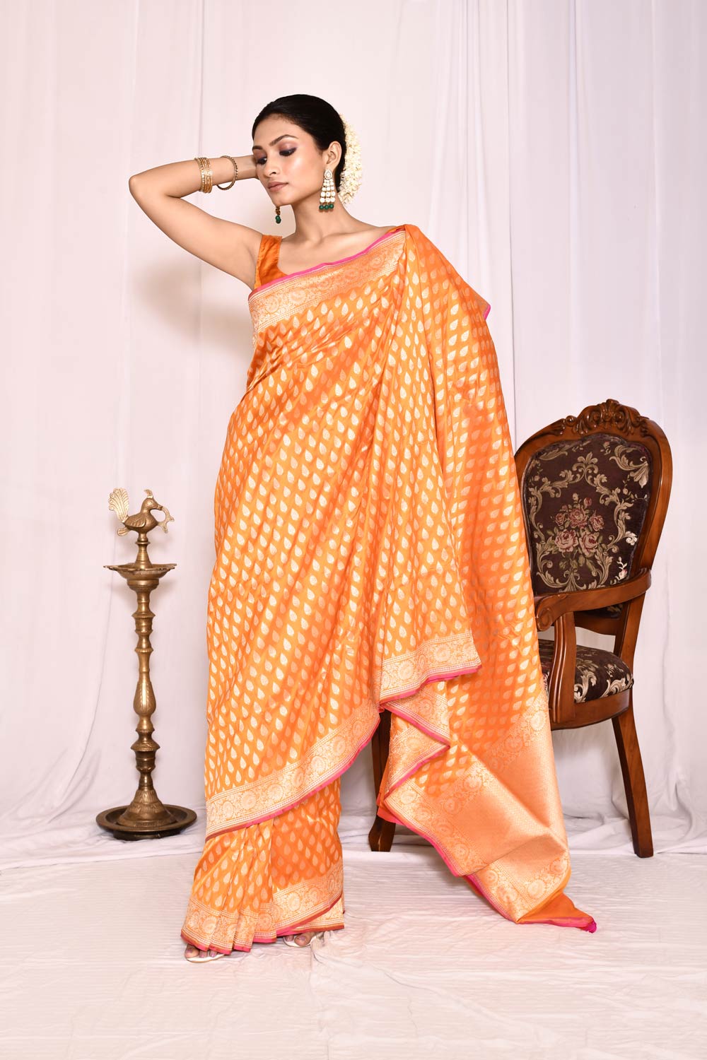 Orange Pure Katan Silk Banarasi Handloom Saree Orange Pure Katan Silk Banarasi Handloom Saree