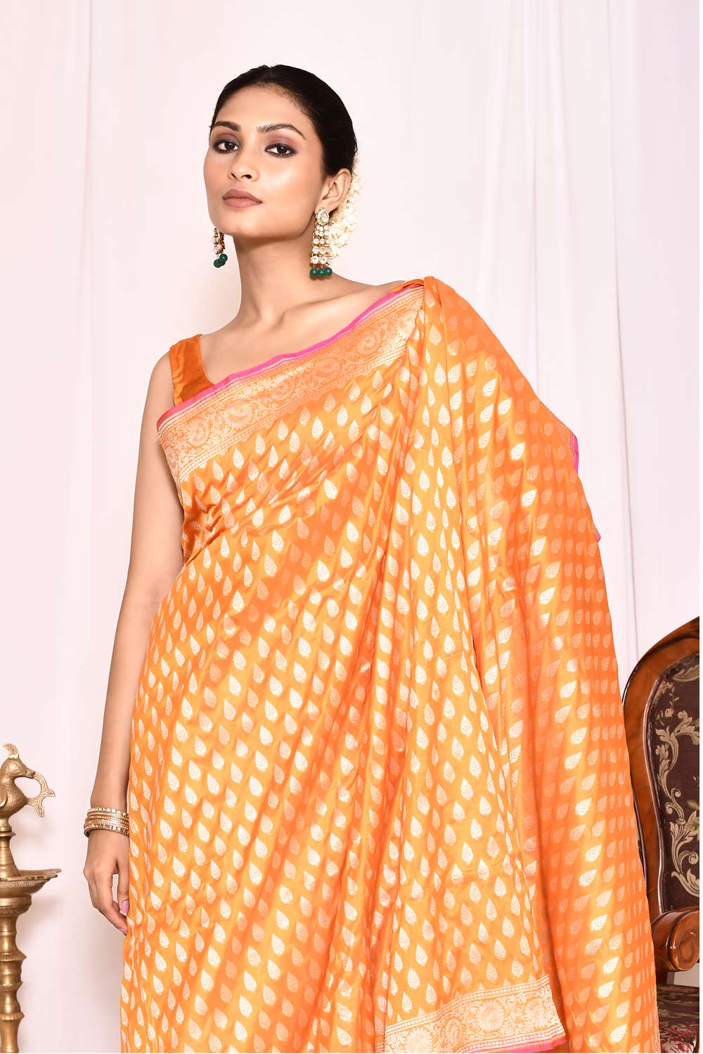 Orange Pure Katan Silk Banarasi Handloom Saree Orange Pure Katan Silk Banarasi Handloom Saree
