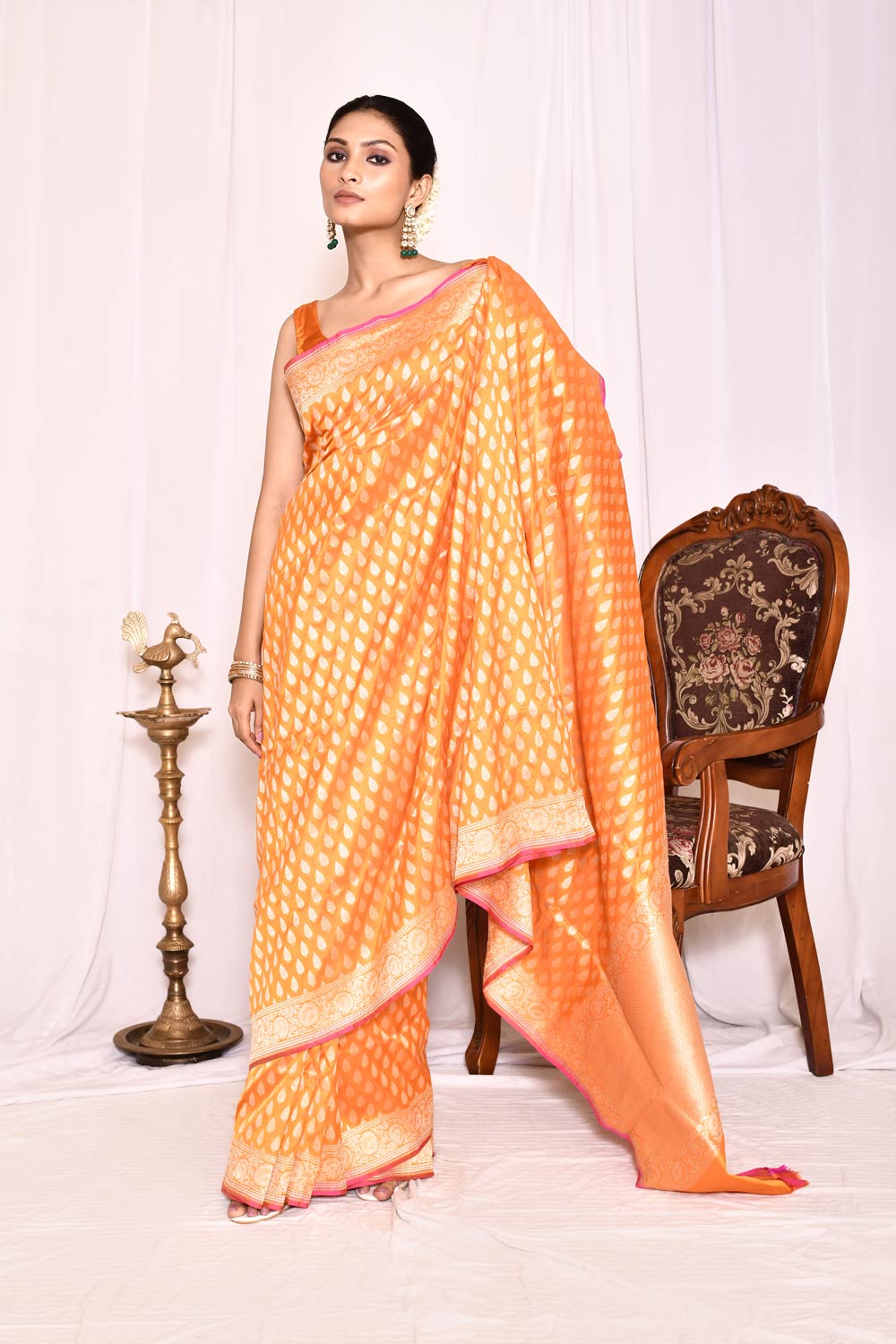 Orange Pure Katan Silk Banarasi Handloom Saree Orange Pure Katan Silk Banarasi Handloom Saree