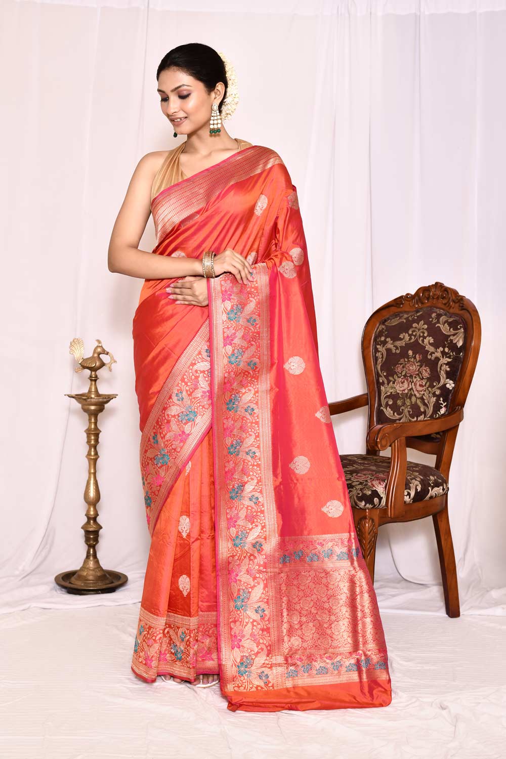 Orange Pure Katan Silk Banarasi Handloom Silk Saree Orange Pure Katan Silk Banarasi Handloom Silk Saree