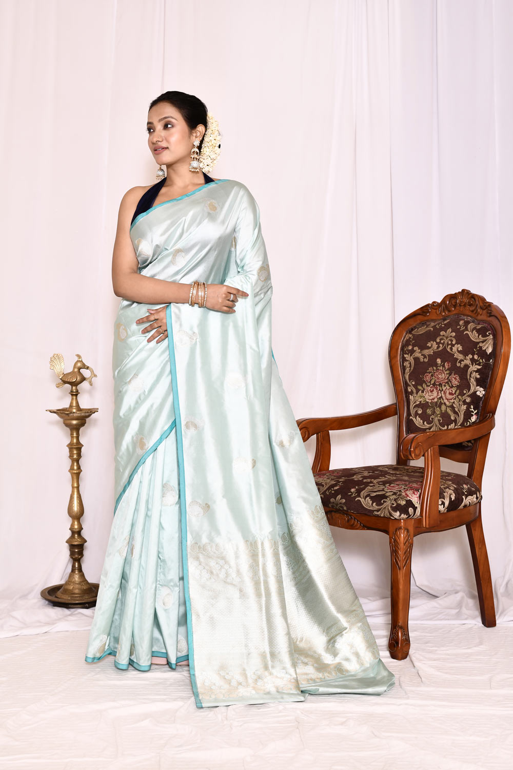Powder BluePure Katan Silk Banarasi Handloom Silk Saree Powder BluePure Katan Silk Banarasi Handloom Silk Saree