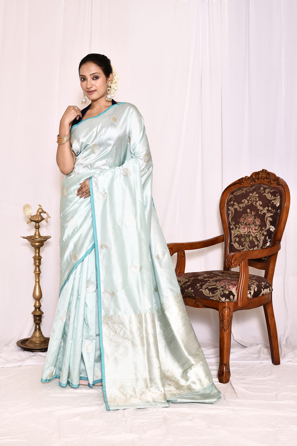 Powder BluePure Katan Silk Banarasi Handloom Silk Saree Powder BluePure Katan Silk Banarasi Handloom Silk Saree
