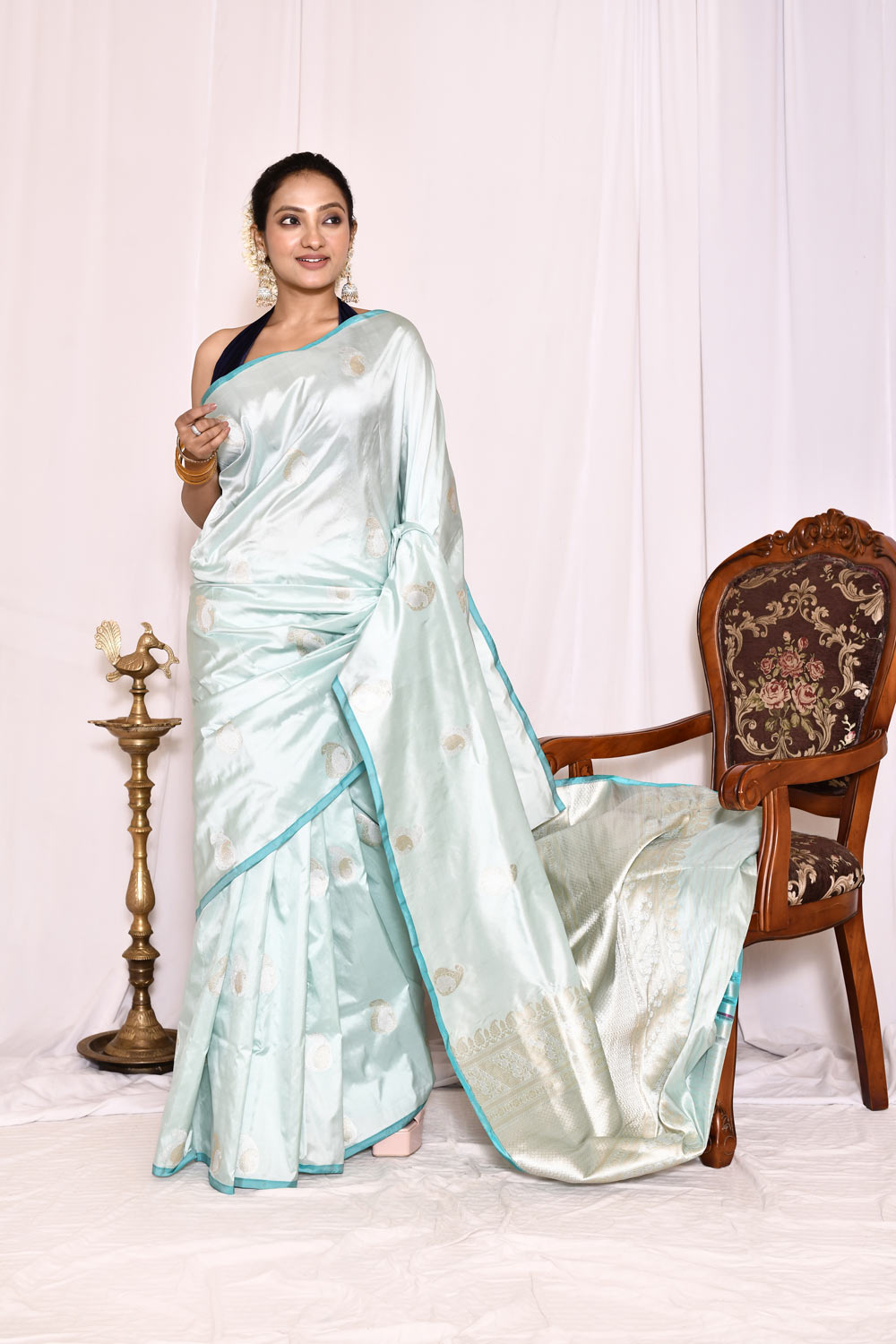 Powder BluePure Katan Silk Banarasi Handloom Silk Saree Powder BluePure Katan Silk Banarasi Handloom Silk Saree