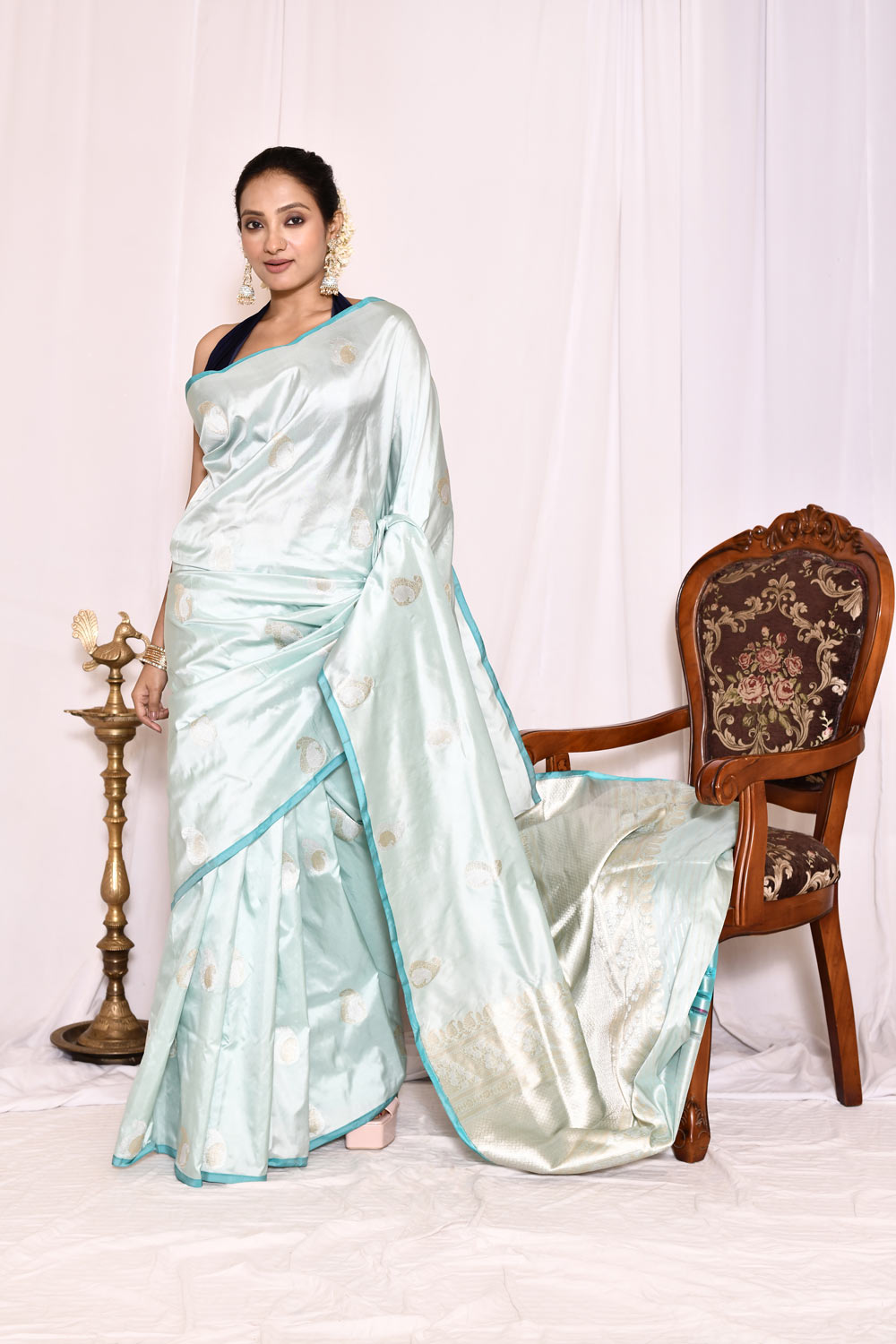 Powder BluePure Katan Silk Banarasi Handloom Silk Saree Powder BluePure Katan Silk Banarasi Handloom Silk Saree