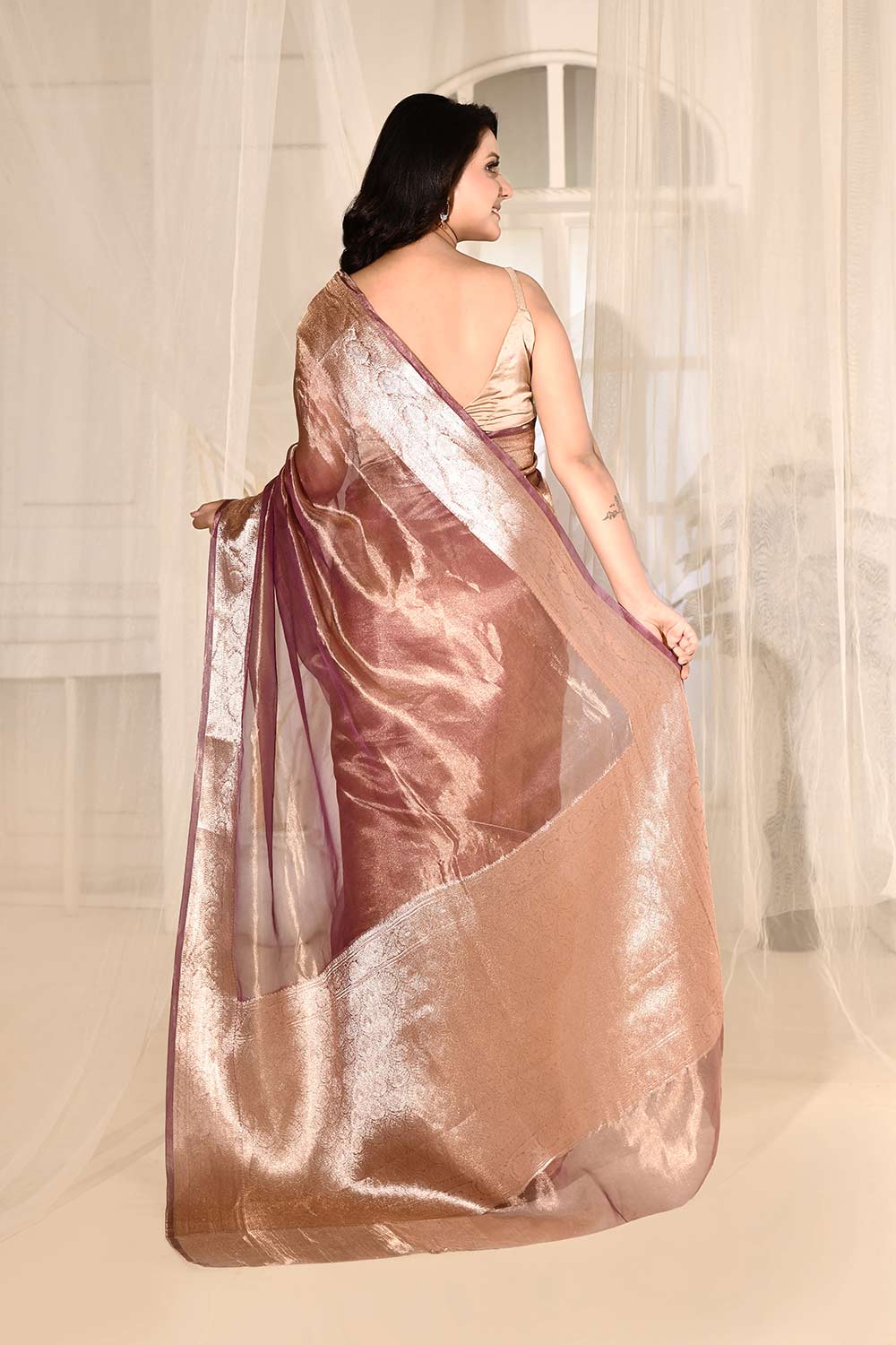'Old Mauve-Pink' Pure Kora Silk Tissue Banarasi Handloom Saree 'Old Mauve-Pink' Pure Kora Silk Tissue Banarasi Handloom Saree