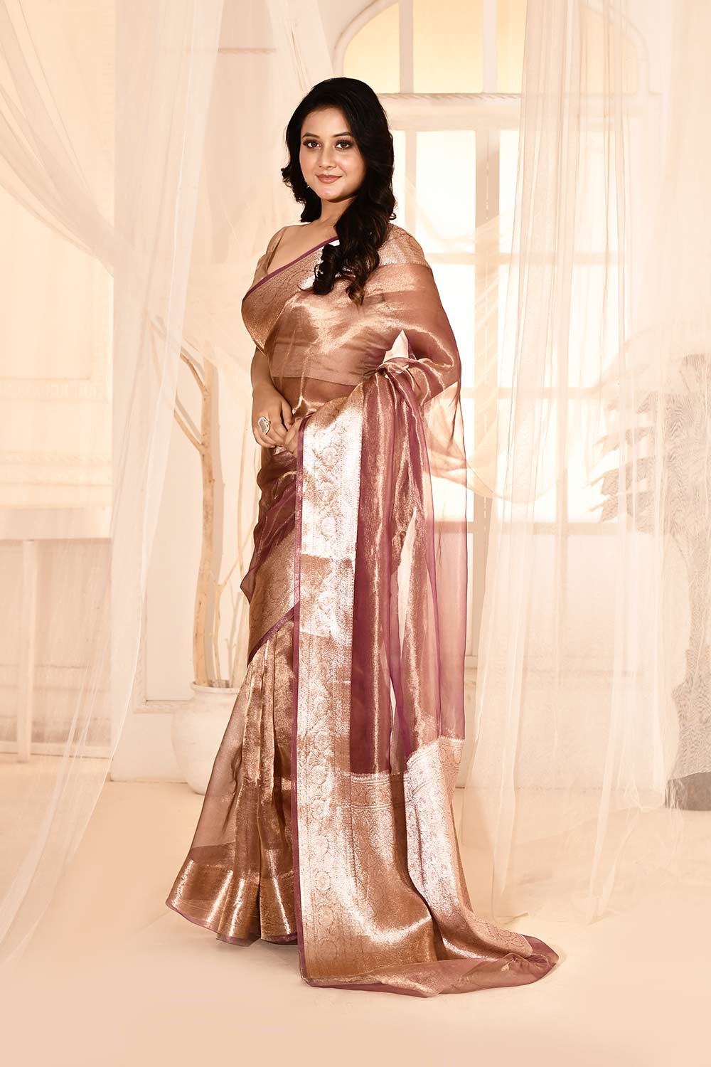 'Old Mauve-Pink' Pure Kora Silk Tissue Banarasi Handloom Saree 'Old Mauve-Pink' Pure Kora Silk Tissue Banarasi Handloom Saree