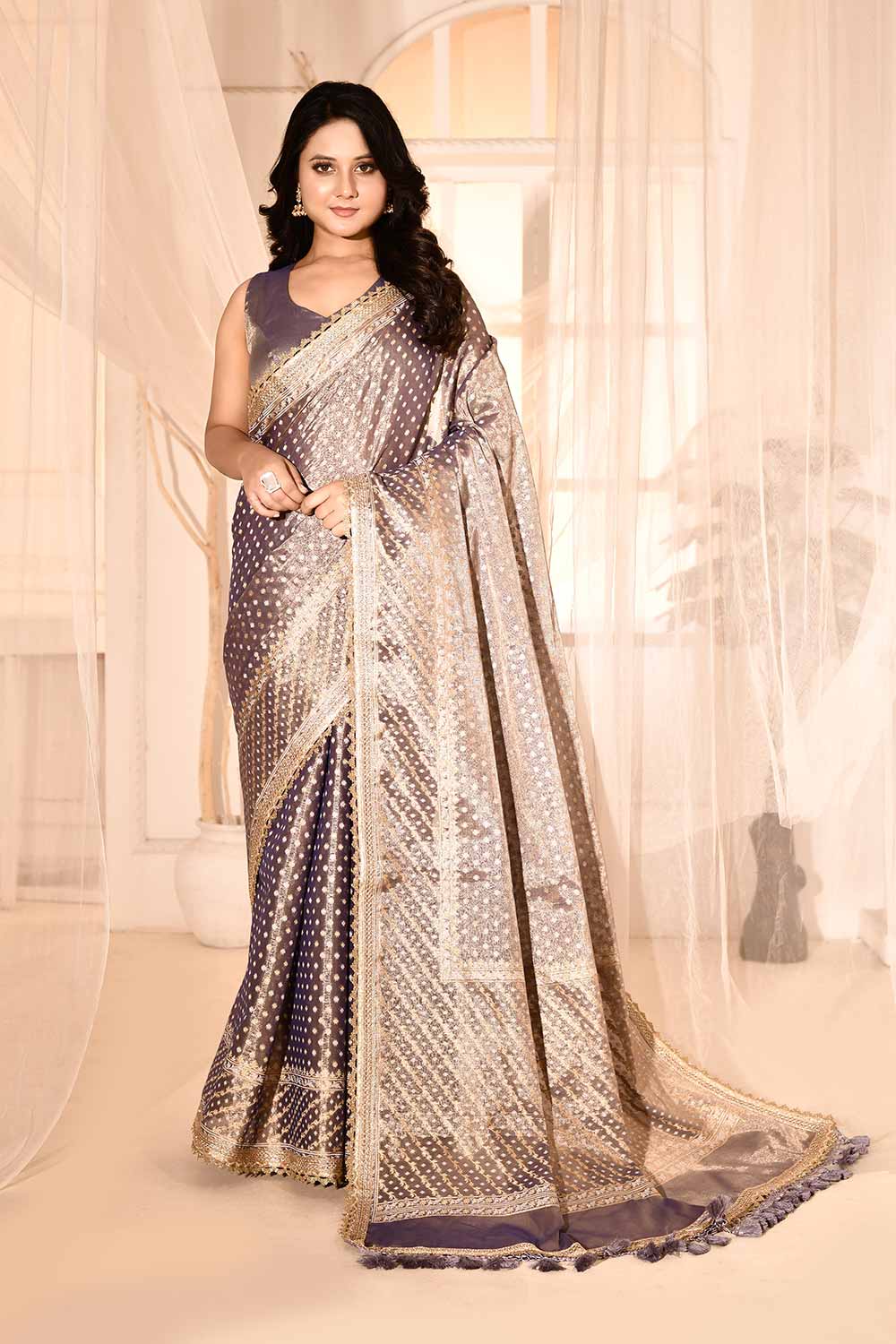 Blue -  Grey Banarasi Tissue Handloom saree Blue -  Grey Banarasi Tissue Handloom saree