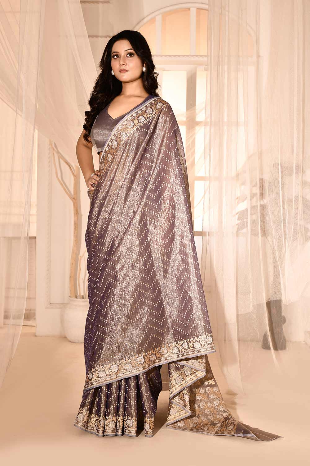 Blue - Grey Banarasi Tissue Handloom Saree Blue - Grey Banarasi Tissue Handloom Saree