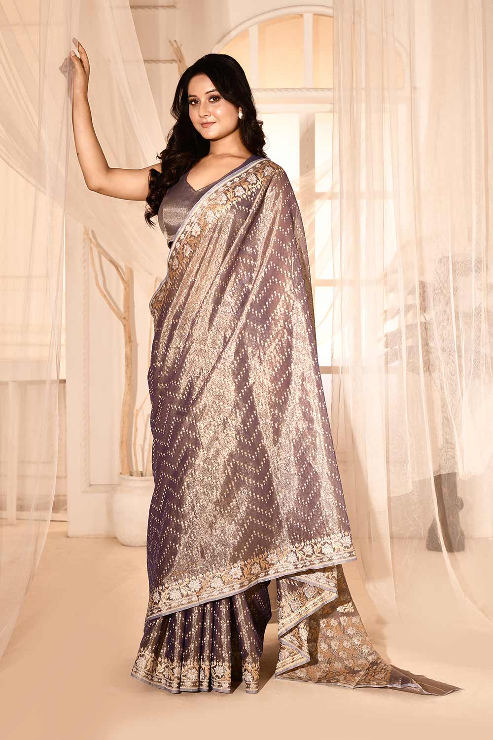 Blue - Grey Banarasi Tissue Handloom Saree Blue - Grey Banarasi Tissue Handloom Saree