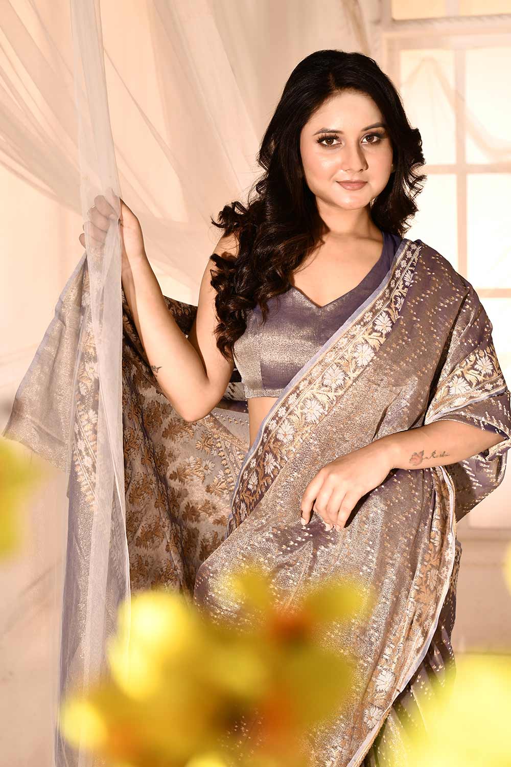 Blue - Grey Banarasi Tissue Handloom Saree Blue - Grey Banarasi Tissue Handloom Saree