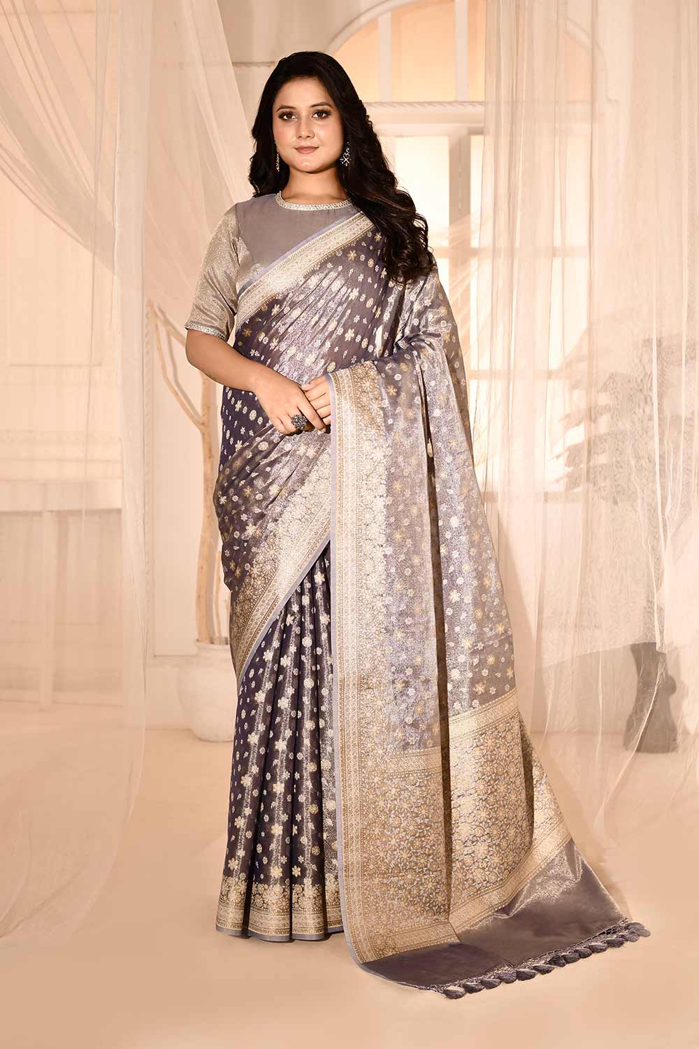 Blue- Grey Banarasi Tissue Handloom Saree Blue- Grey Banarasi Tissue Handloom Saree