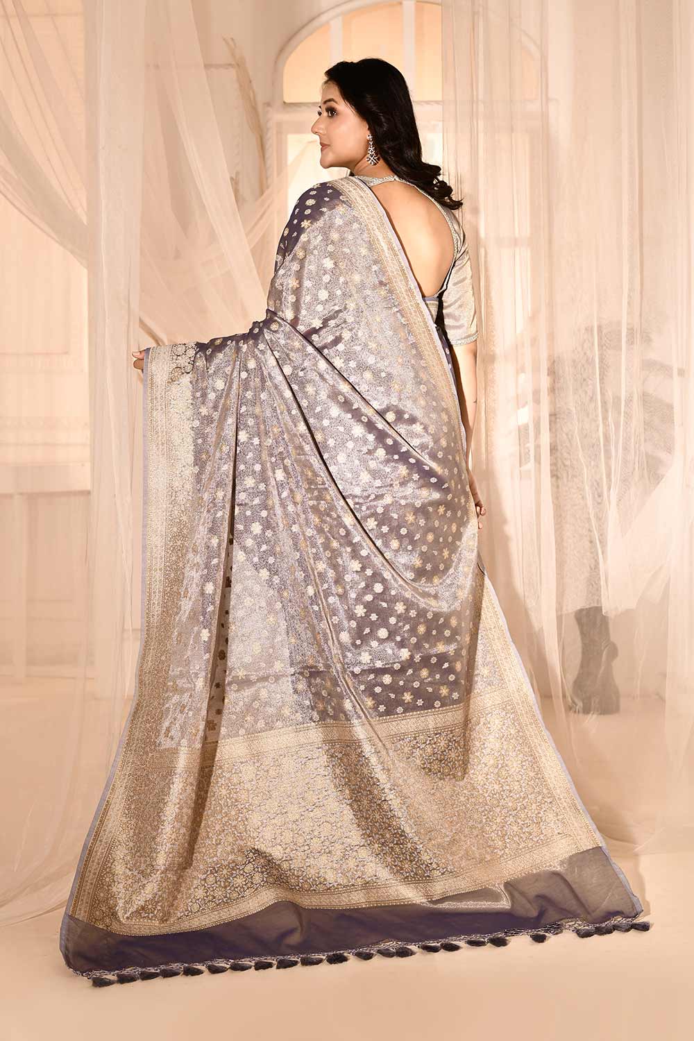 Blue- Grey Banarasi Tissue Handloom Saree Blue- Grey Banarasi Tissue Handloom Saree