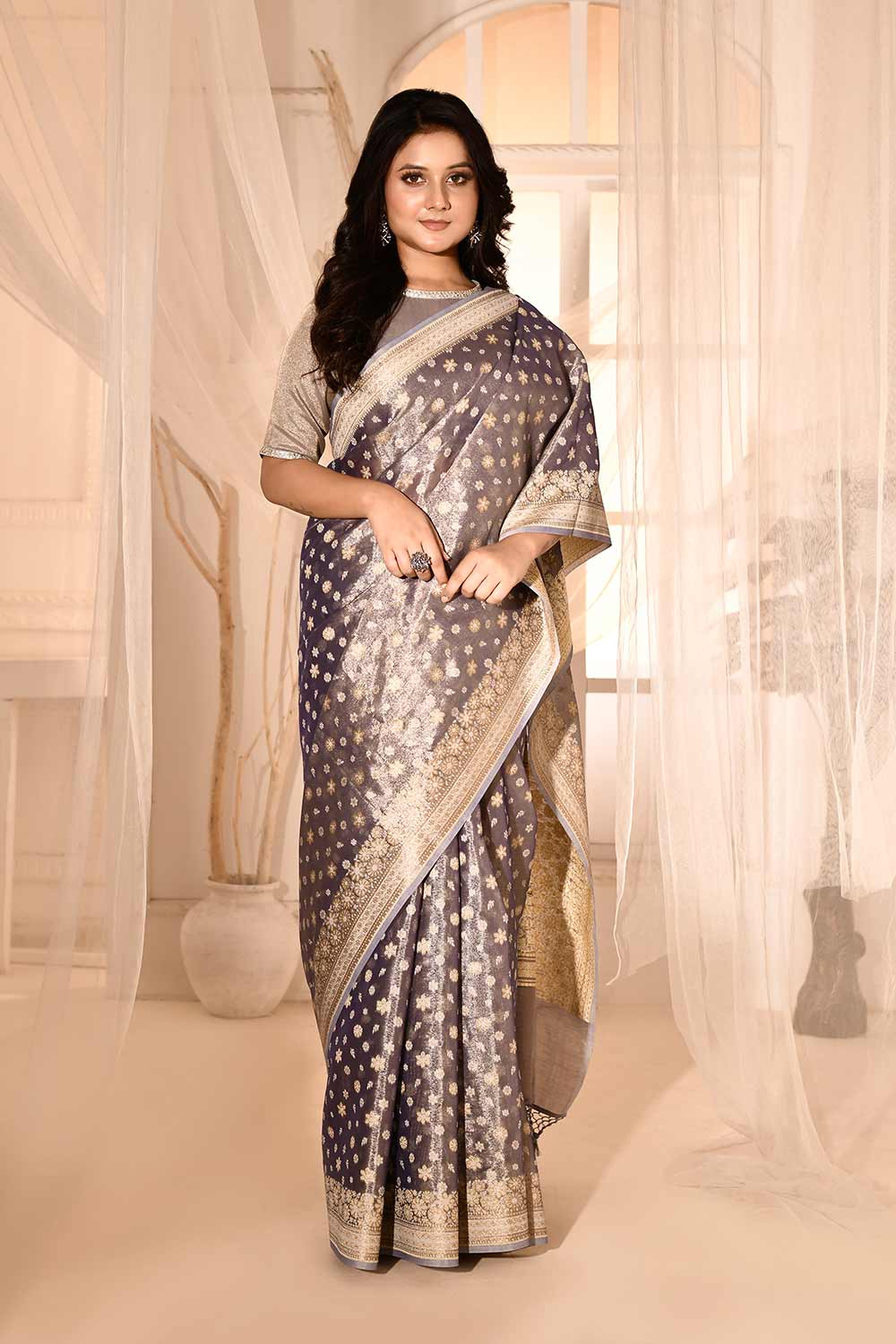 Blue- Grey Banarasi Tissue Handloom Saree Blue- Grey Banarasi Tissue Handloom Saree