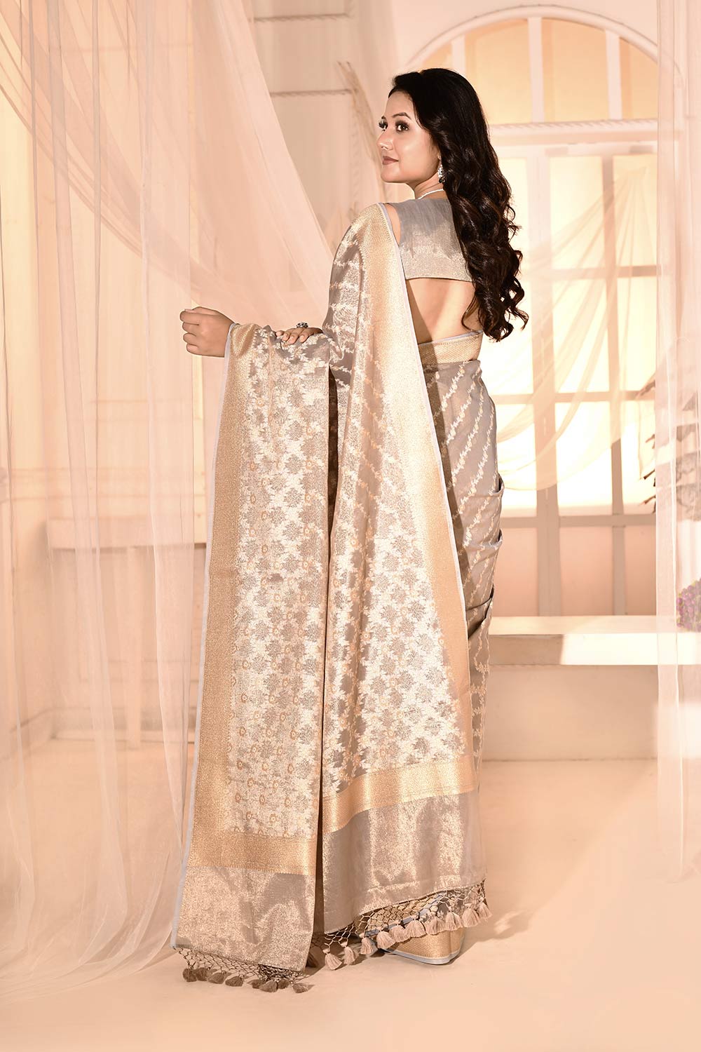 Silver Grey Banarasi Tissue Handloom Saree Silver Grey Banarasi Tissue Handloom Saree