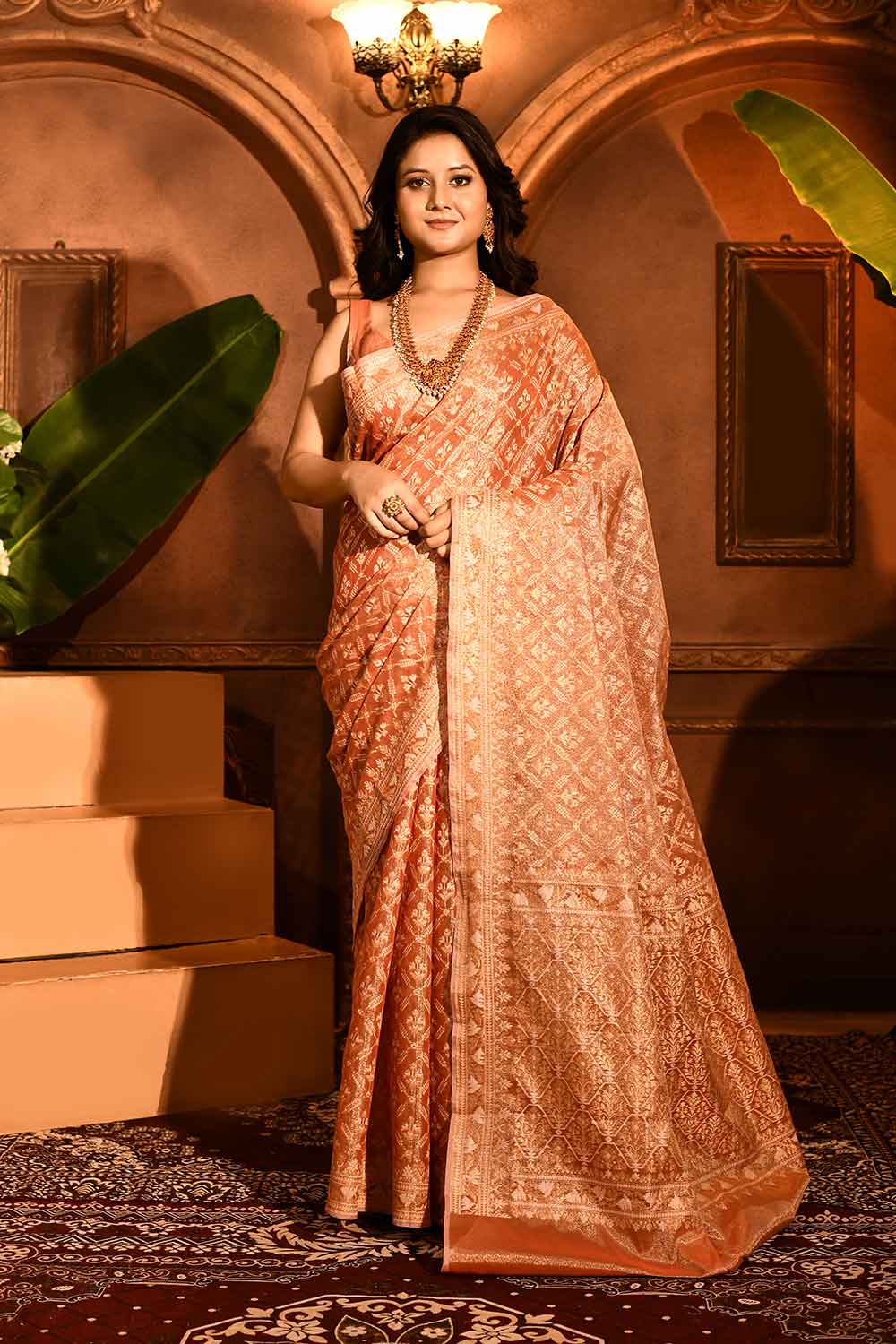 Coral Peach Banarasi Tissue Handloom Sarees Coral Peach Banarasi Tissue Handloom Sarees