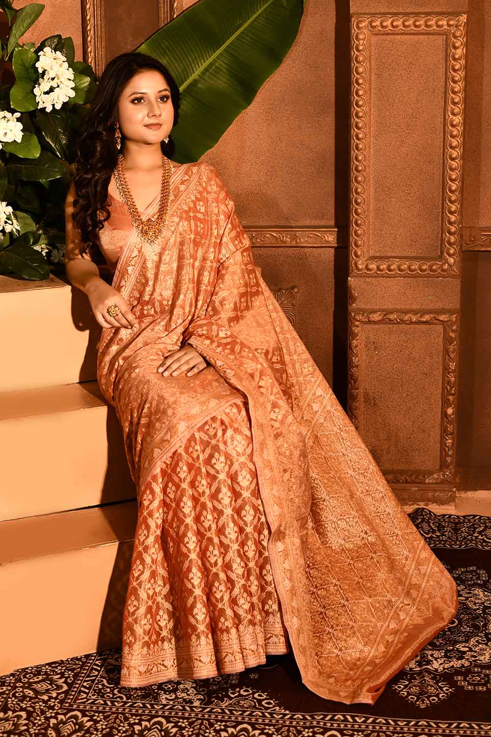 Coral Peach Banarasi Tissue Handloom Sarees Coral Peach Banarasi Tissue Handloom Sarees