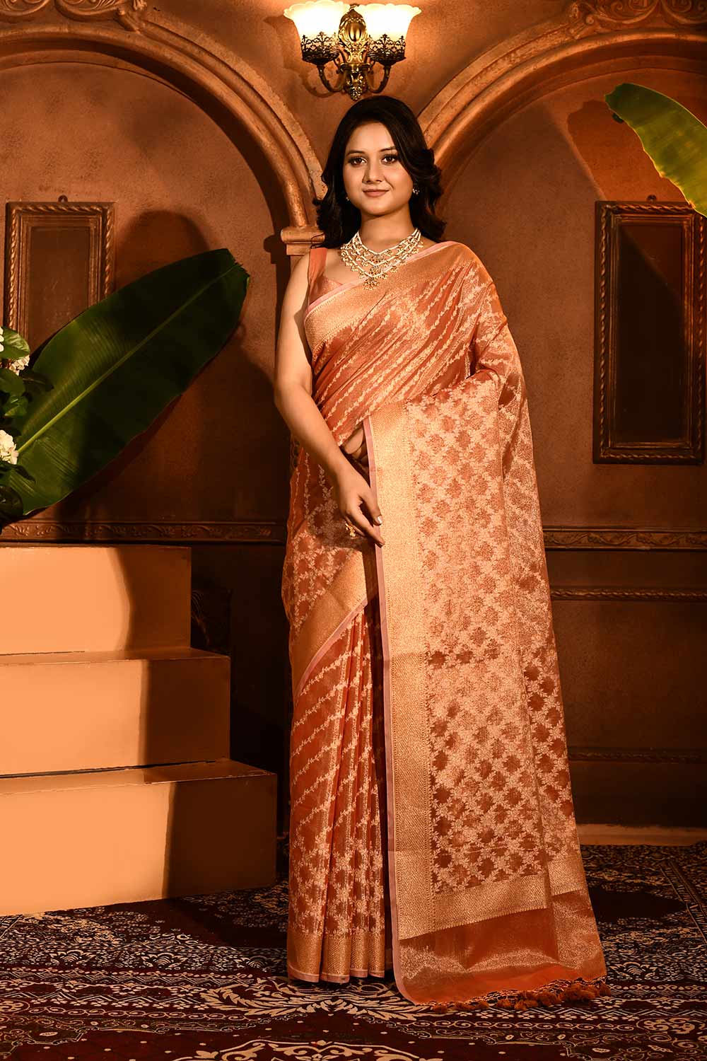 Coral Peach Banarasi Tissue Handloom Saree Coral Peach Banarasi Tissue Handloom Saree