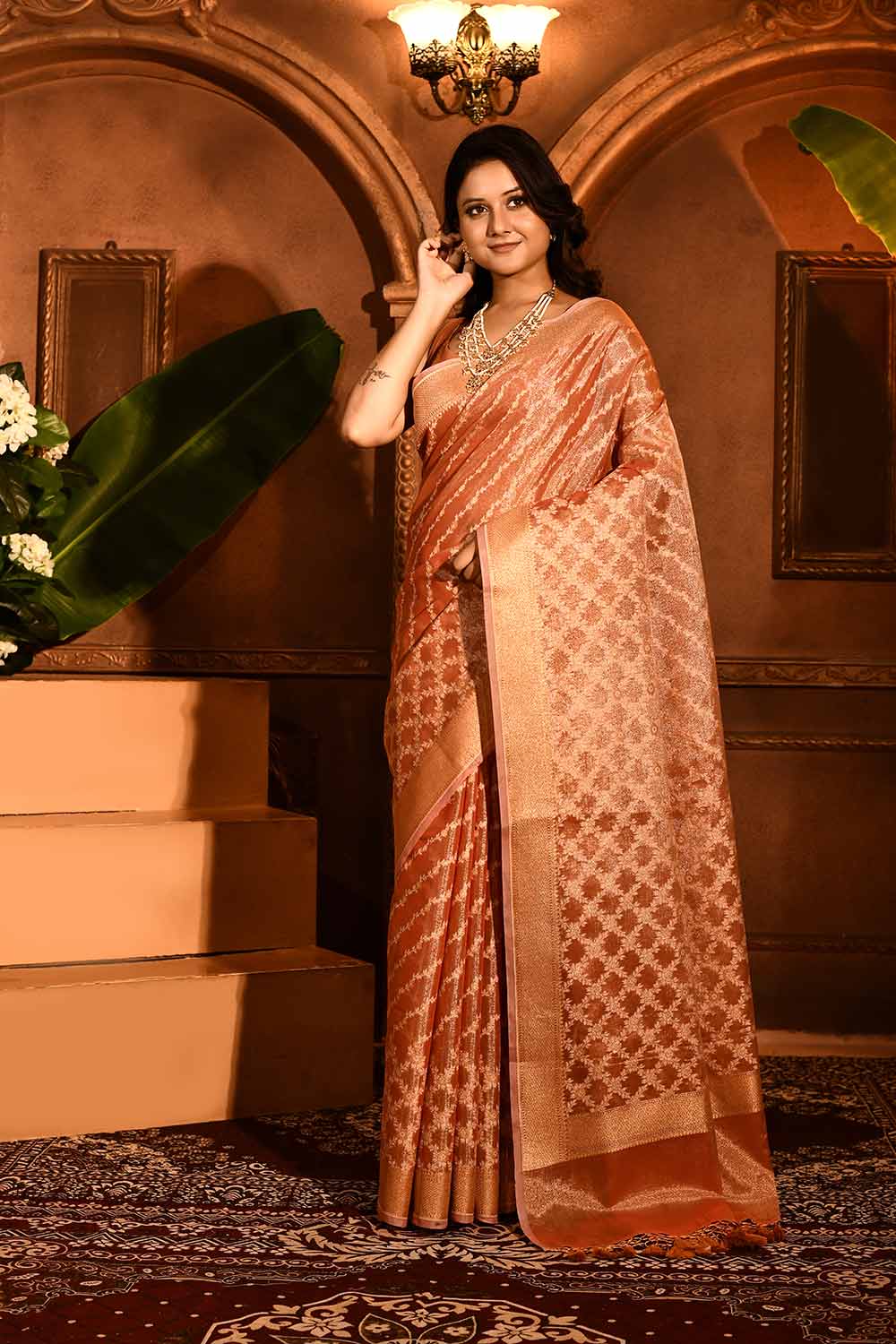 Coral Peach Banarasi Tissue Handloom Saree Coral Peach Banarasi Tissue Handloom Saree