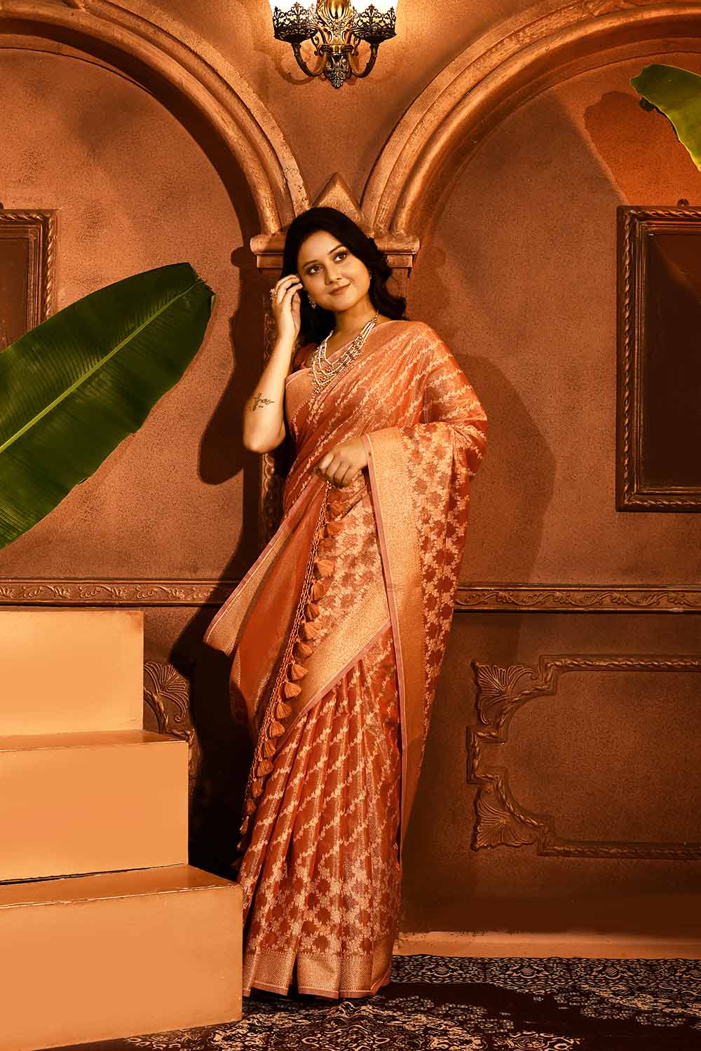 Coral Peach Banarasi Tissue Handloom Saree Coral Peach Banarasi Tissue Handloom Saree