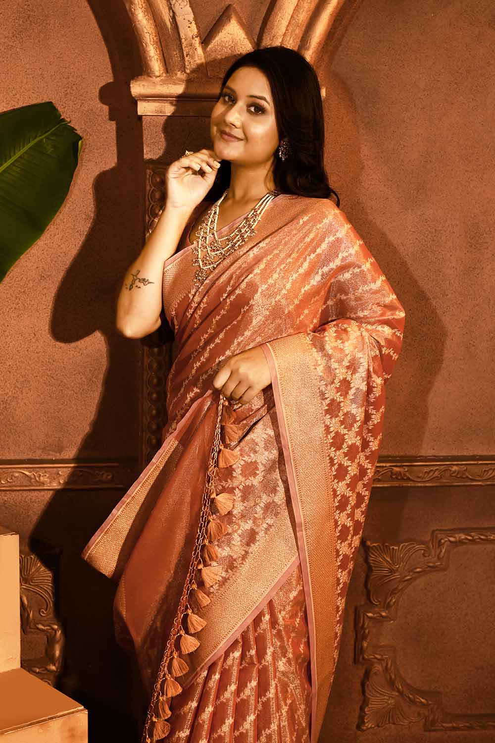 Coral Peach Banarasi Tissue Handloom Saree Coral Peach Banarasi Tissue Handloom Saree