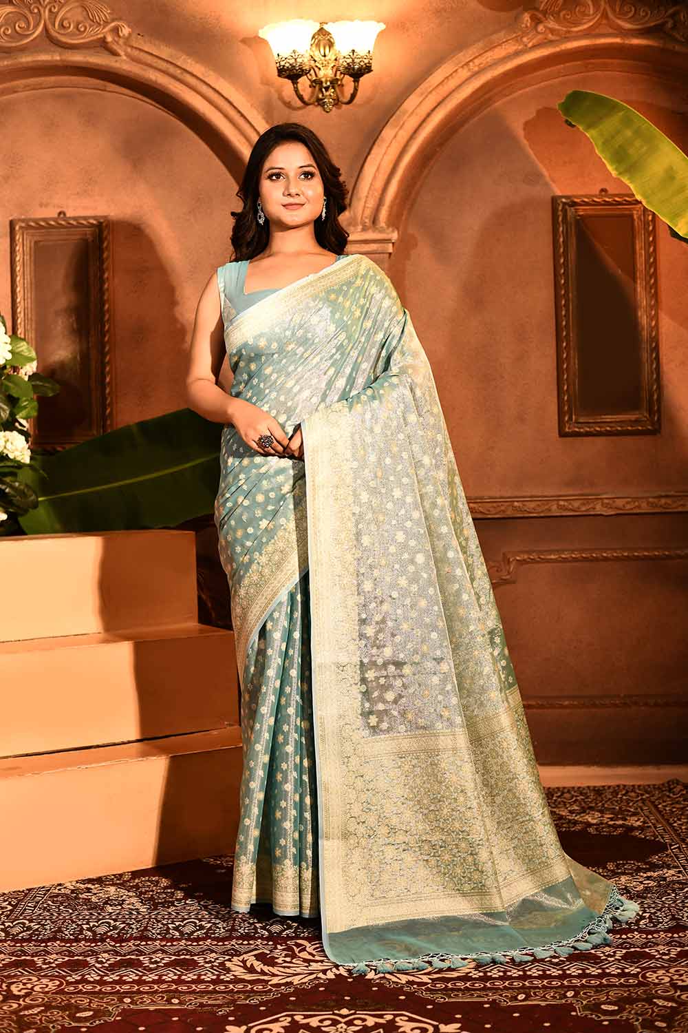 Pastel Blue Banarasi Tissue Handloom Saree Pastel Blue Banarasi Tissue Handloom Saree