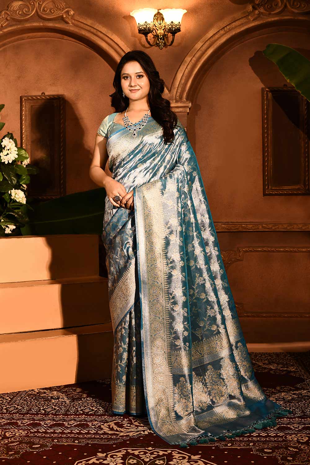 Pastel Sky Blue Banarasi Tissue Handloom Saree Pastel Sky Blue Banarasi Tissue Handloom Saree