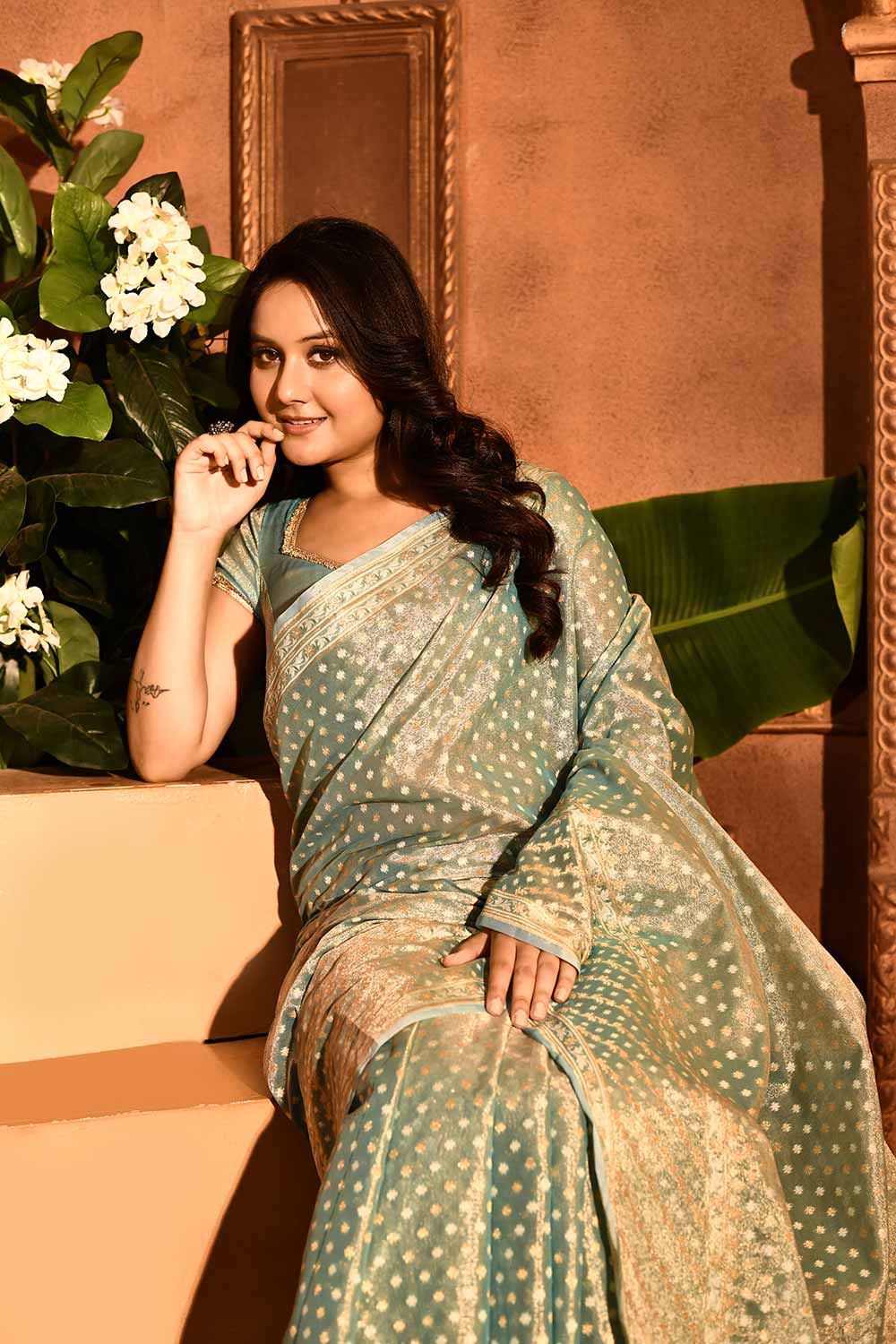 Pastel Blue Banarasi Tissue Handloom Saree Pastel Blue Banarasi Tissue Handloom Saree