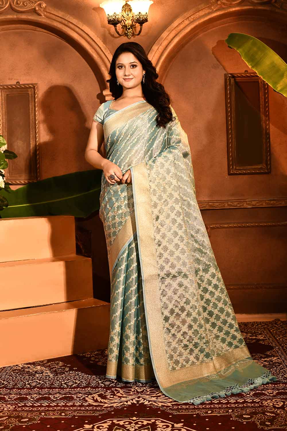Pastel Blue Banarasi Tissue Handloom Saree Pastel Blue Banarasi Tissue Handloom Saree