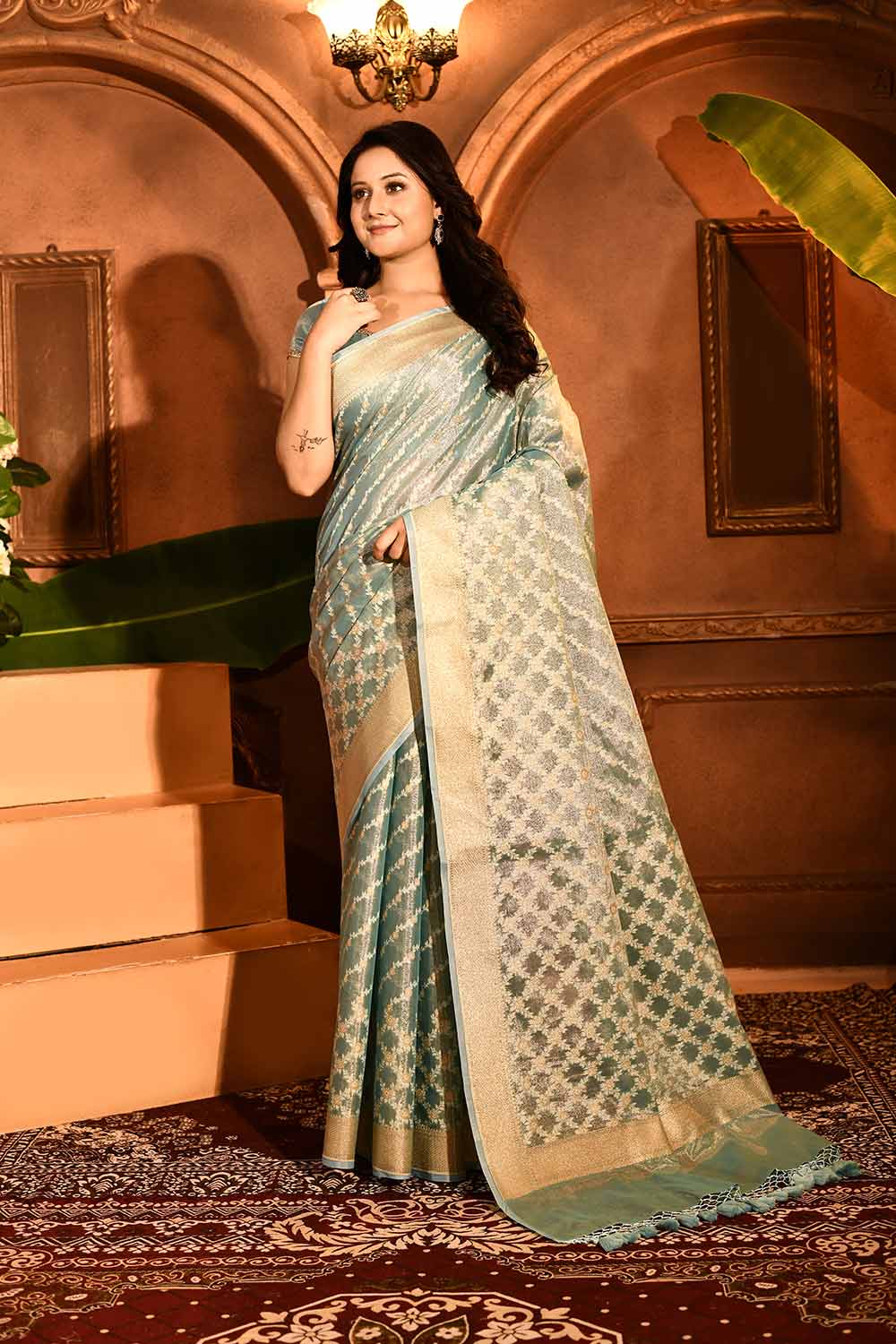 Pastel Blue Banarasi Tissue Handloom Saree Pastel Blue Banarasi Tissue Handloom Saree