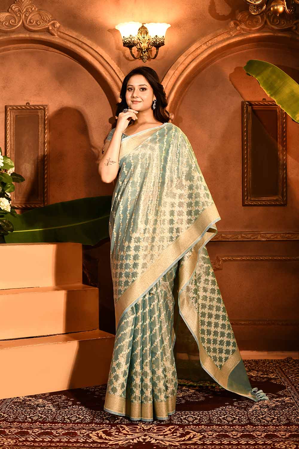 Pastel Blue Banarasi Tissue Handloom Saree Pastel Blue Banarasi Tissue Handloom Saree