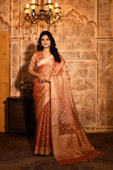 Coral Peach Banarasi Tissue Handloom Saree