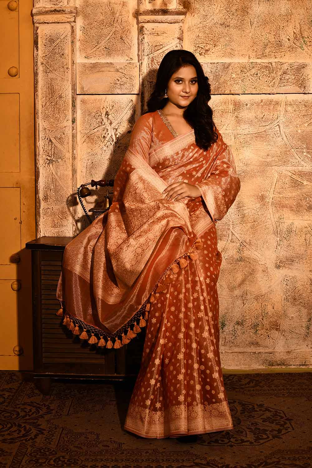 Coral Peach Banarasi Tissue Handloom Saree Coral Peach Banarasi Tissue Handloom Saree