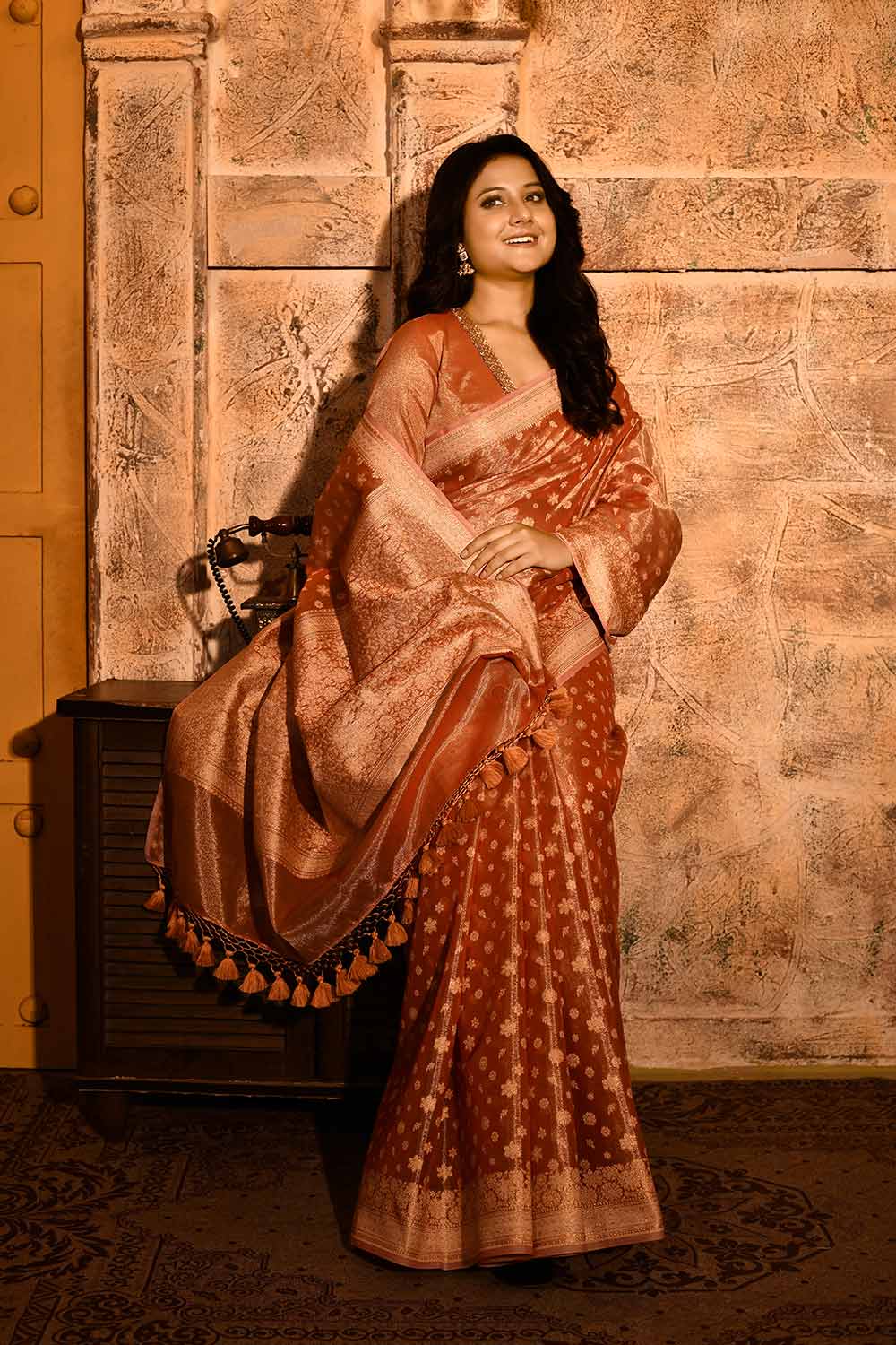 Coral Peach Banarasi Tissue Handloom Saree Coral Peach Banarasi Tissue Handloom Saree