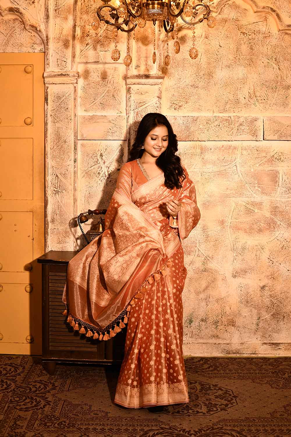 Coral Peach Banarasi Tissue Handloom Saree Coral Peach Banarasi Tissue Handloom Saree