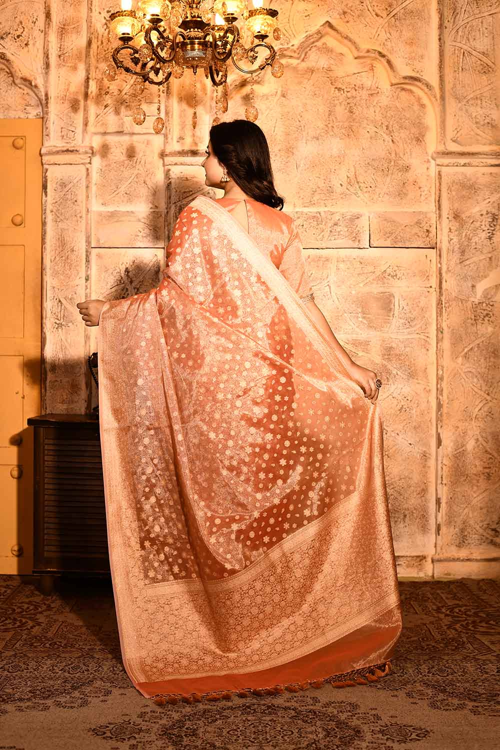 Coral Peach Banarasi Tissue Handloom Saree Coral Peach Banarasi Tissue Handloom Saree