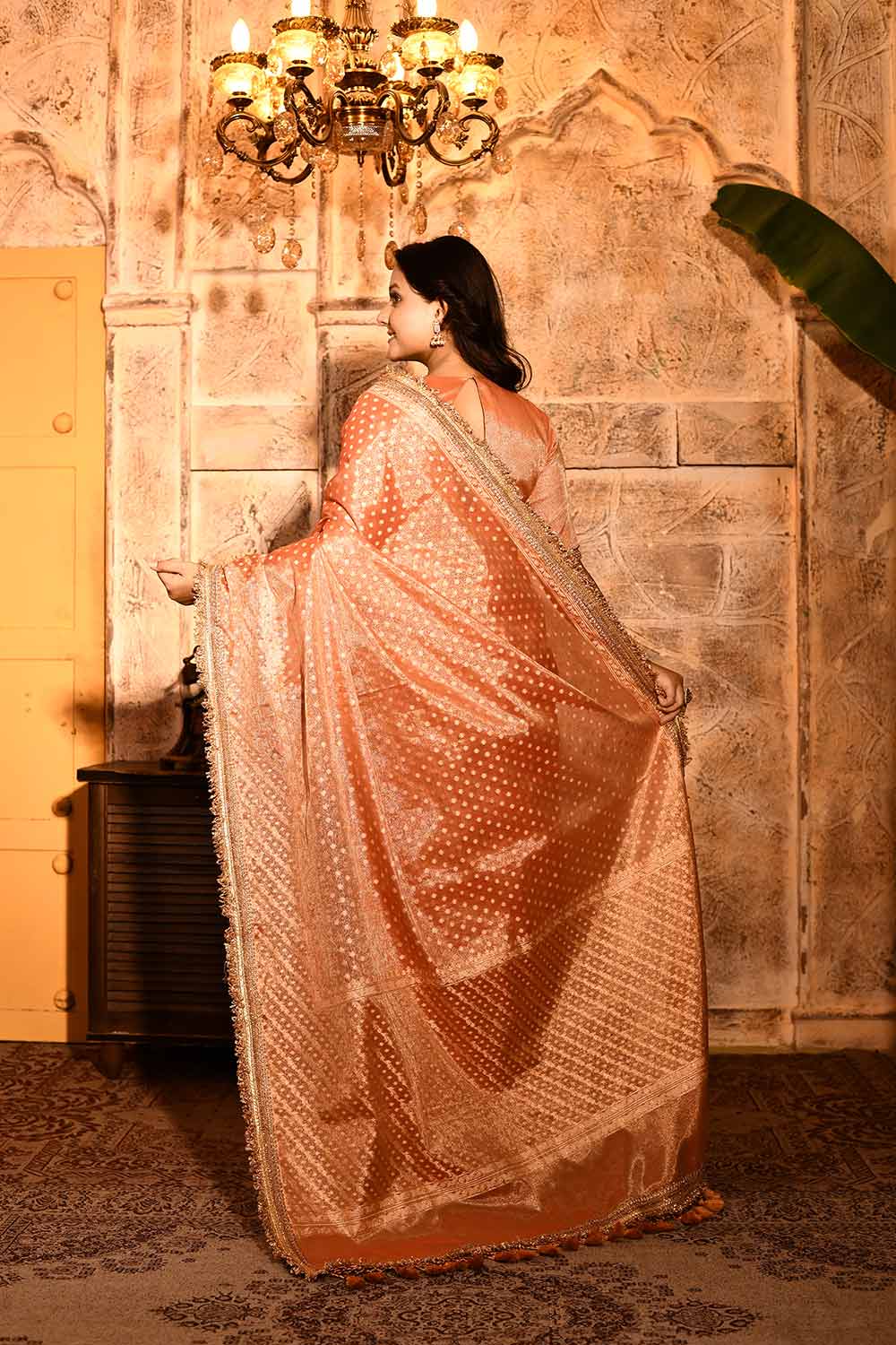 Coral Peach Banarasi Tissue Handloom Saree Coral Peach Banarasi Tissue Handloom Saree