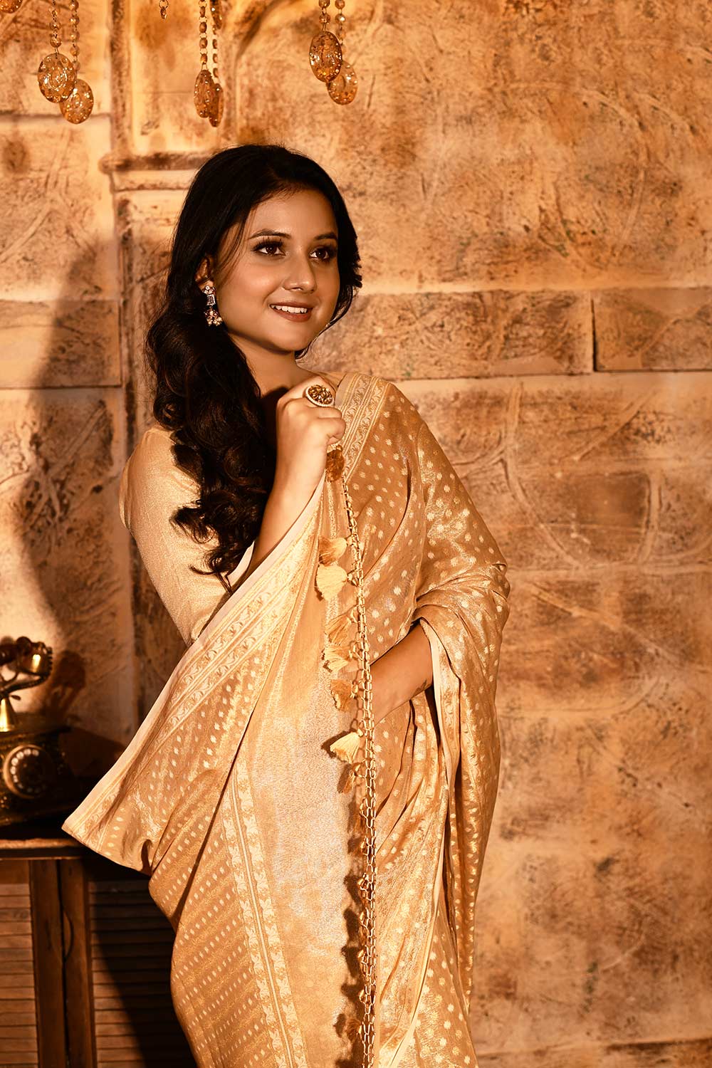 Tussar Beige Gold Banarasi Tissue Handloom Saree Tussar Beige Gold Banarasi Tissue Handloom Saree