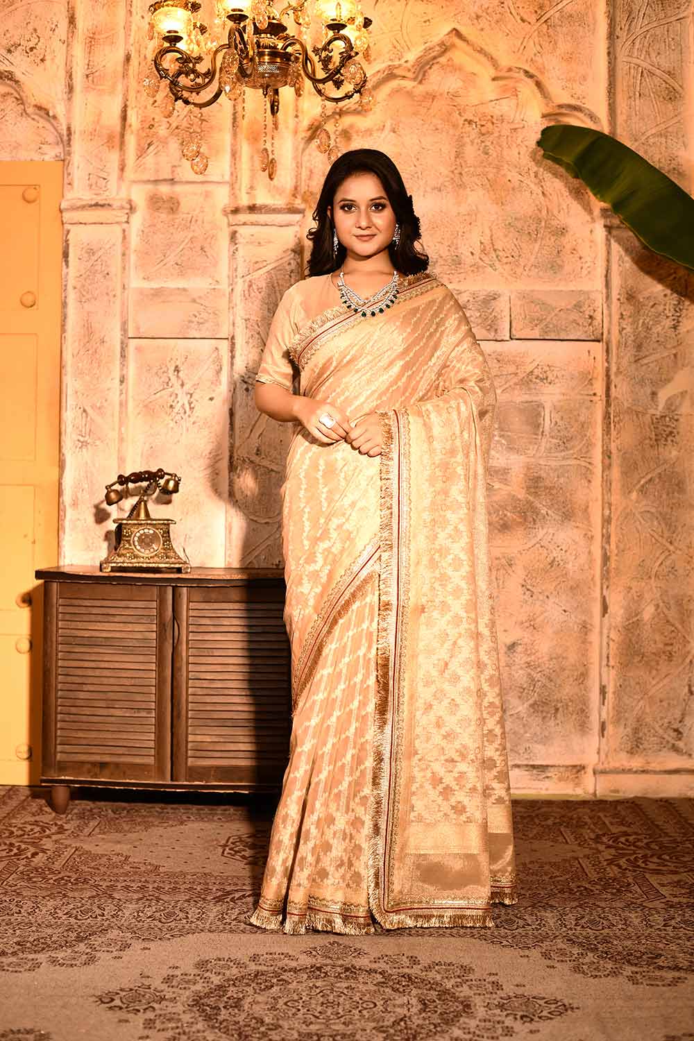 Tussar Beige Gold Banarasi Tissue Handloom Saree Tussar Beige Gold Banarasi Tissue Handloom Saree