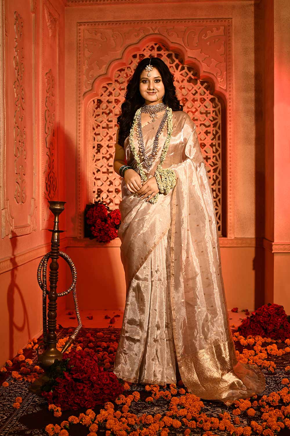 Silver Ektara Pure Kora Tissue Banarasi Handloom Saree Silver Ektara Pure Kora Tissue Banarasi Handloom Saree