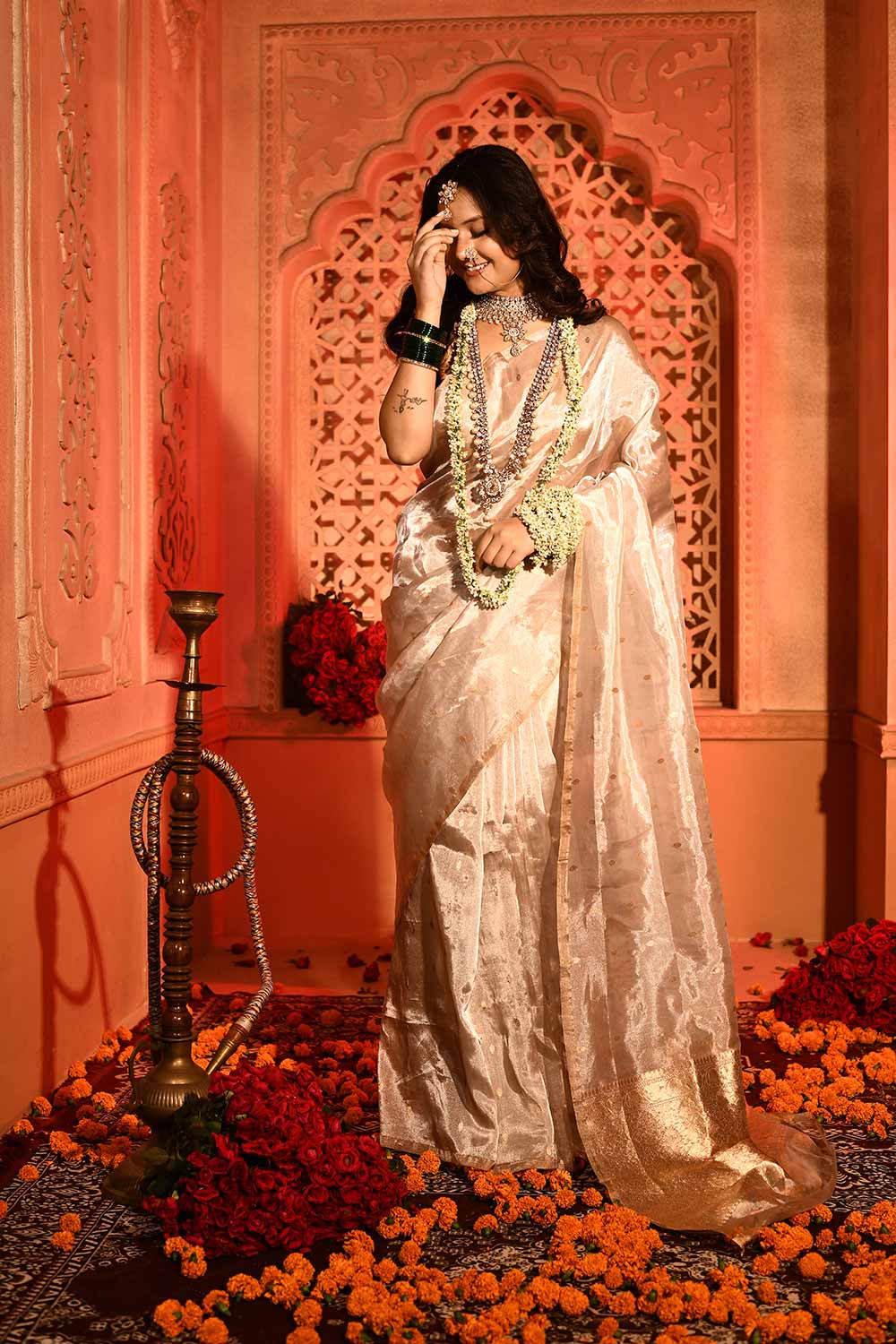 Silver Ektara Pure Kora Tissue Banarasi Handloom Saree Silver Ektara Pure Kora Tissue Banarasi Handloom Saree