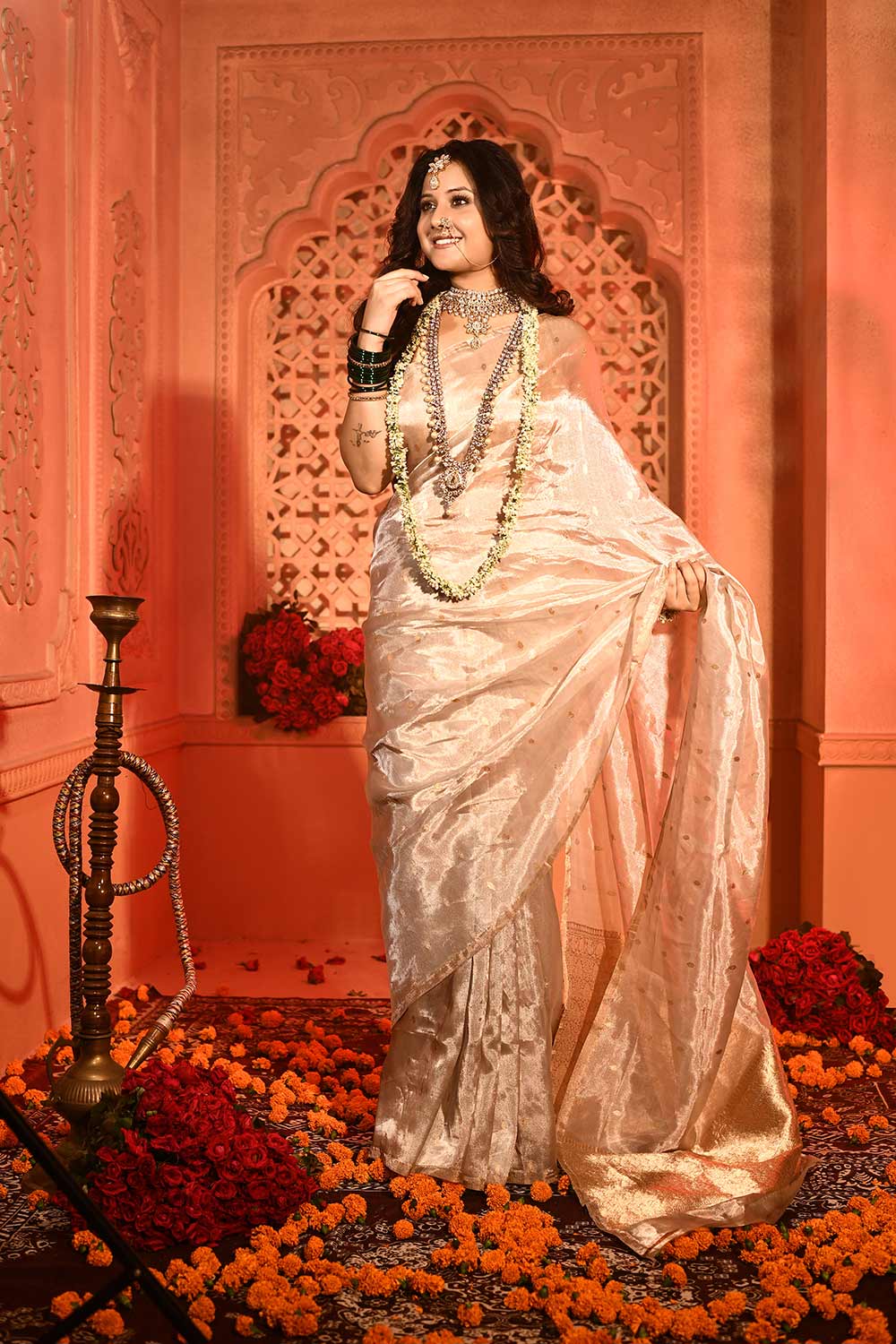 Silver Ektara Pure Kora Tissue Banarasi Handloom Saree Silver Ektara Pure Kora Tissue Banarasi Handloom Saree