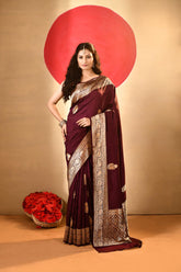 'Maya' Deep chocolate Maroon Wine Pure Katan Silk Kadhua Banarasi Handloom Saree