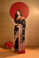 'Nandita' Black with Contrast Red On the Edge Pure Katan Silk Kadhua Meenakari Banarasi Handloom saree