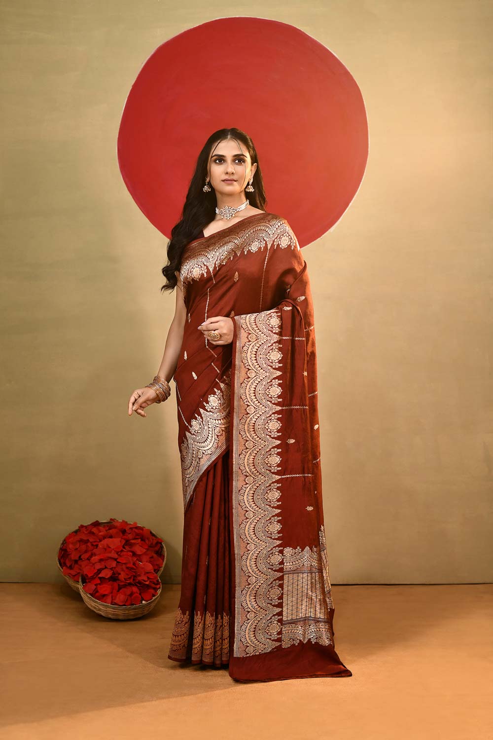 'Katha' Rust Brown Pure Katan Silk kadhua Meenakari Banarasi Handloom Saree 'Katha' Rust Brown Pure Katan Silk kadhua Meenakari Banarasi Handloom Saree