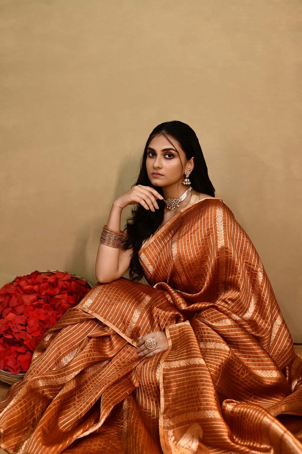 'Sunehri' Copper Mustard Brown Pure Katan silk Kadhua Banarasi Handloom Saree