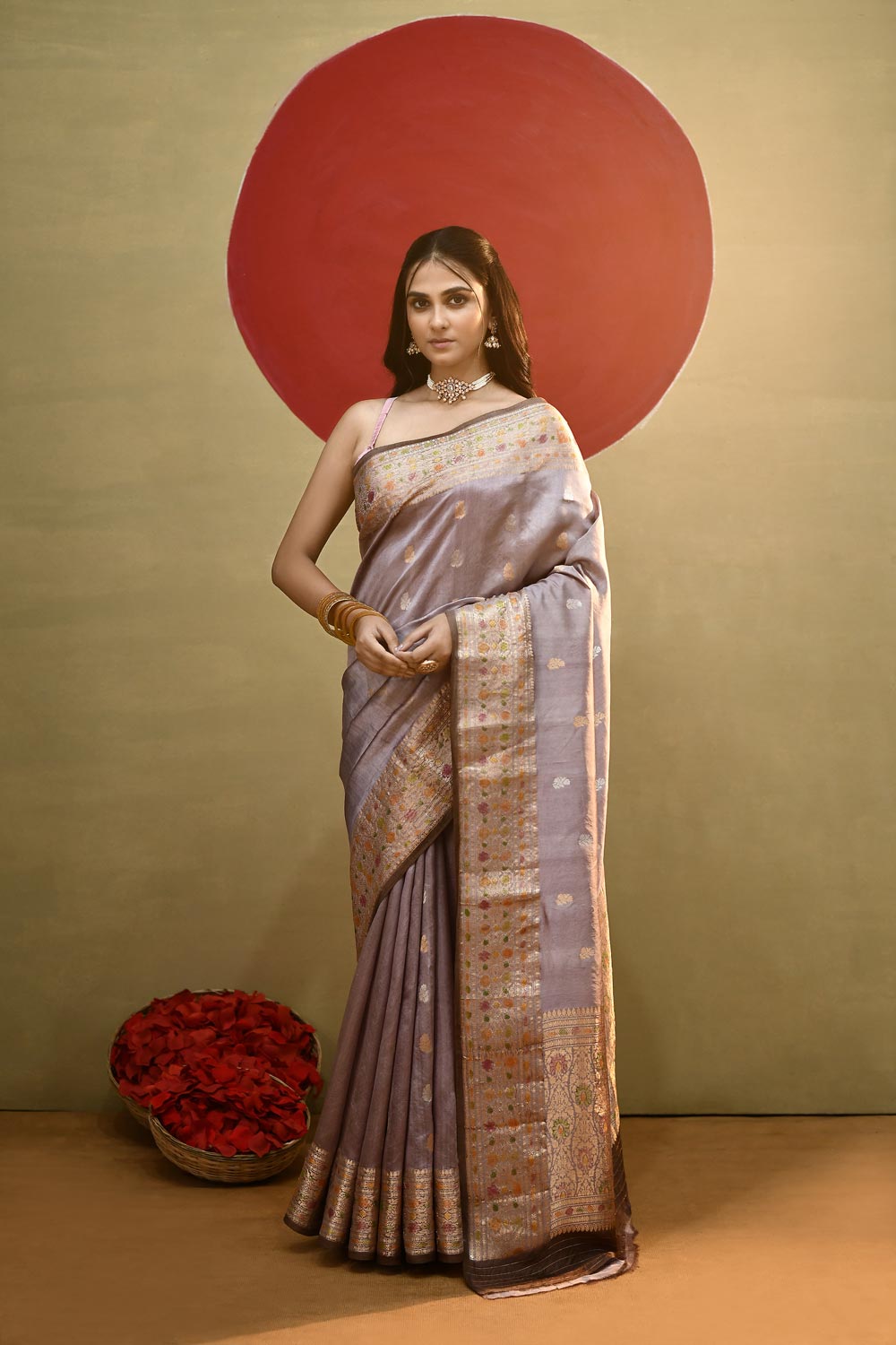 'Roop' Old Rose Grey Pure Katan Silk Meenakari Banarasi Handloom Saree 'Roop' Old Rose Grey Pure Katan Silk Meenakari Banarasi Handloom Saree