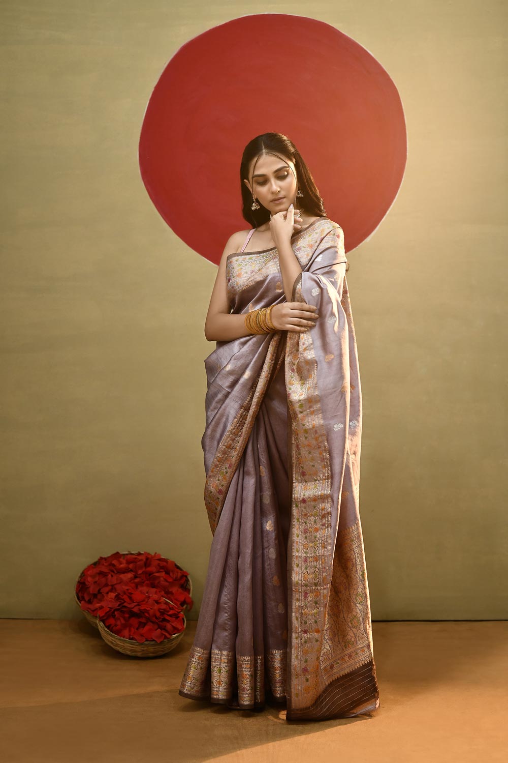 'Roop' Old Rose Grey Pure Katan Silk Meenakari Banarasi Handloom Saree 'Roop' Old Rose Grey Pure Katan Silk Meenakari Banarasi Handloom Saree