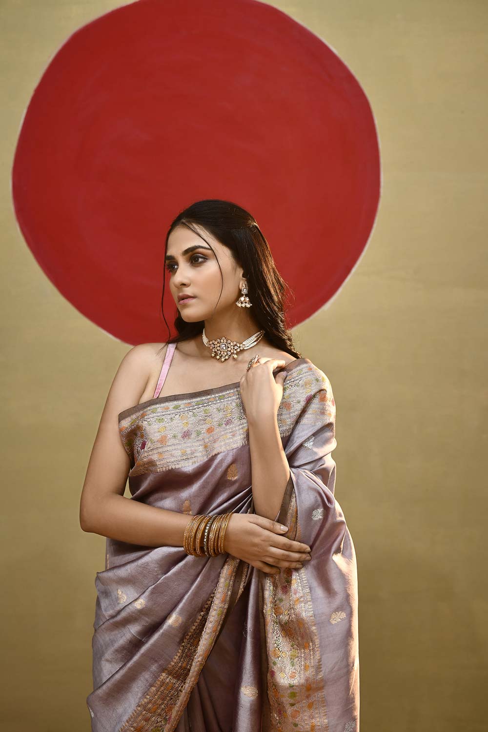 'Roop' Old Rose Grey Pure Katan Silk Meenakari Banarasi Handloom Saree 'Roop' Old Rose Grey Pure Katan Silk Meenakari Banarasi Handloom Saree